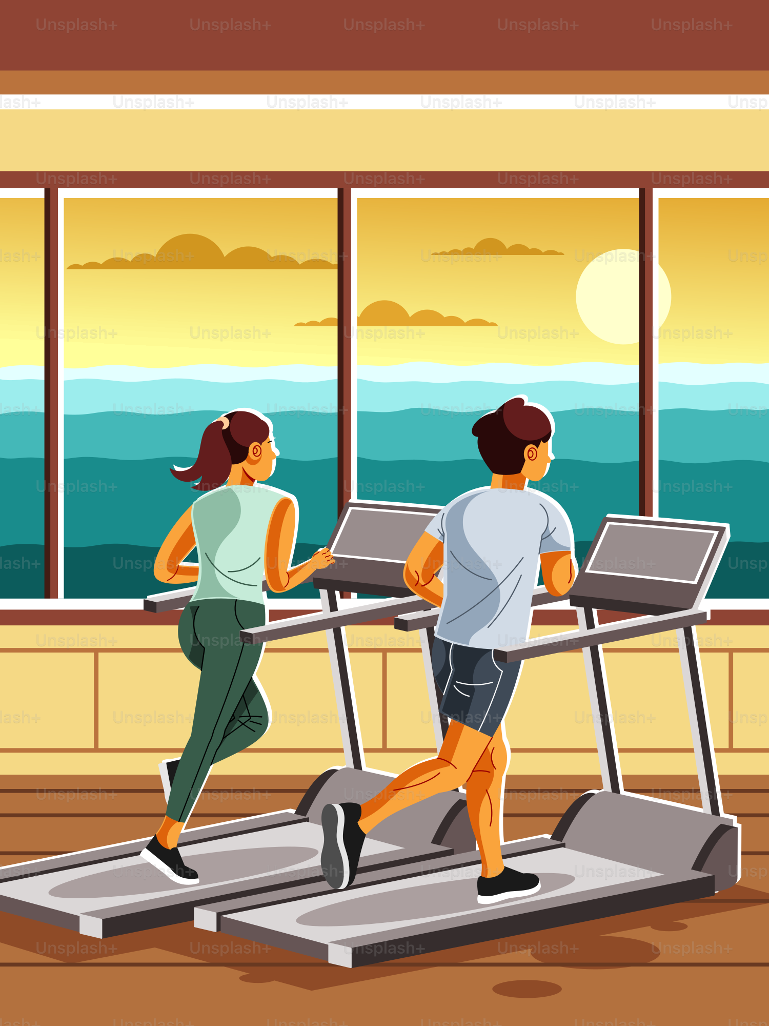 La gente corre en cintas de correr con vistas a la vida.