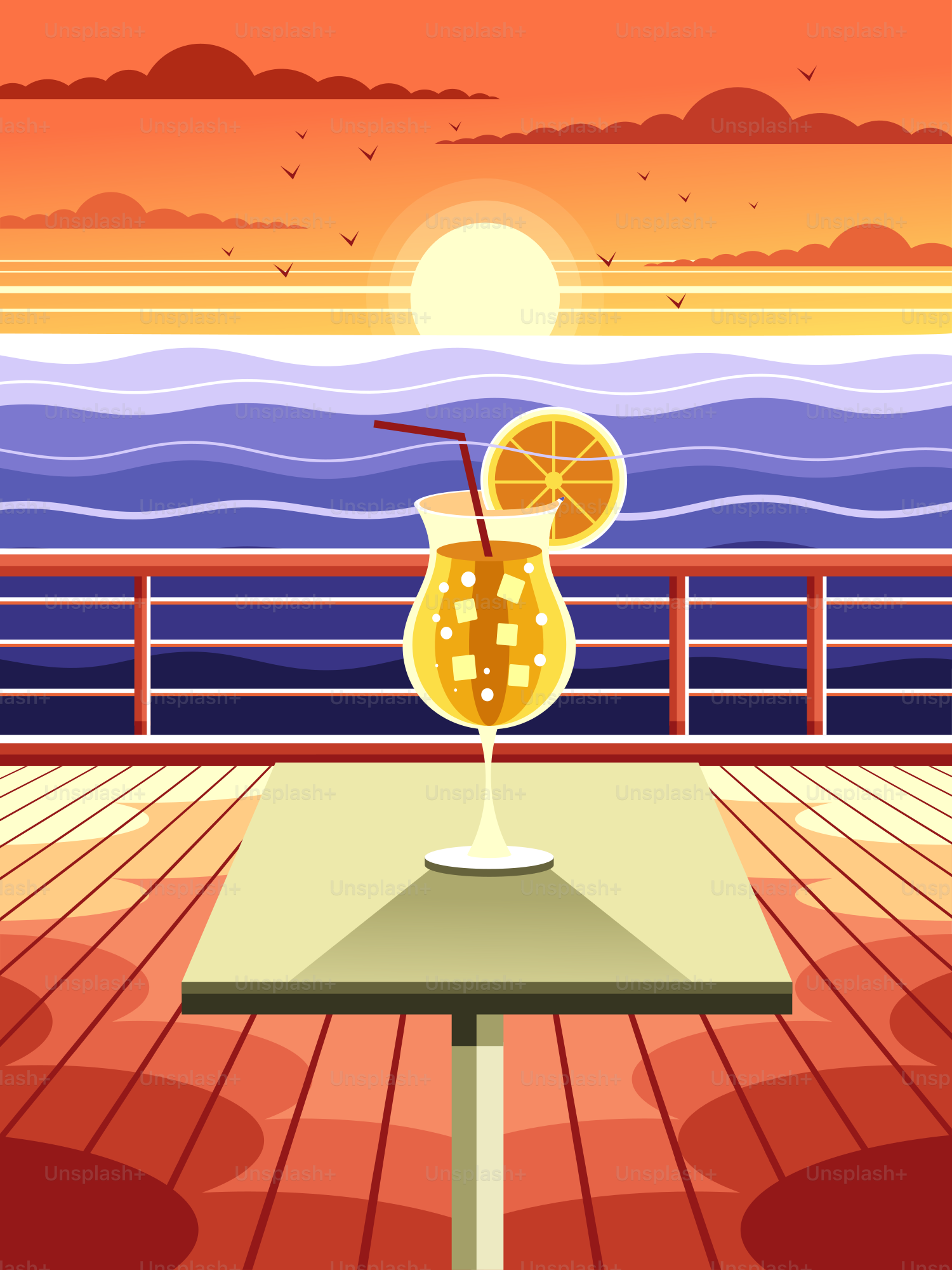 Cocktail on a deck, overlooking a beautiful sunset.