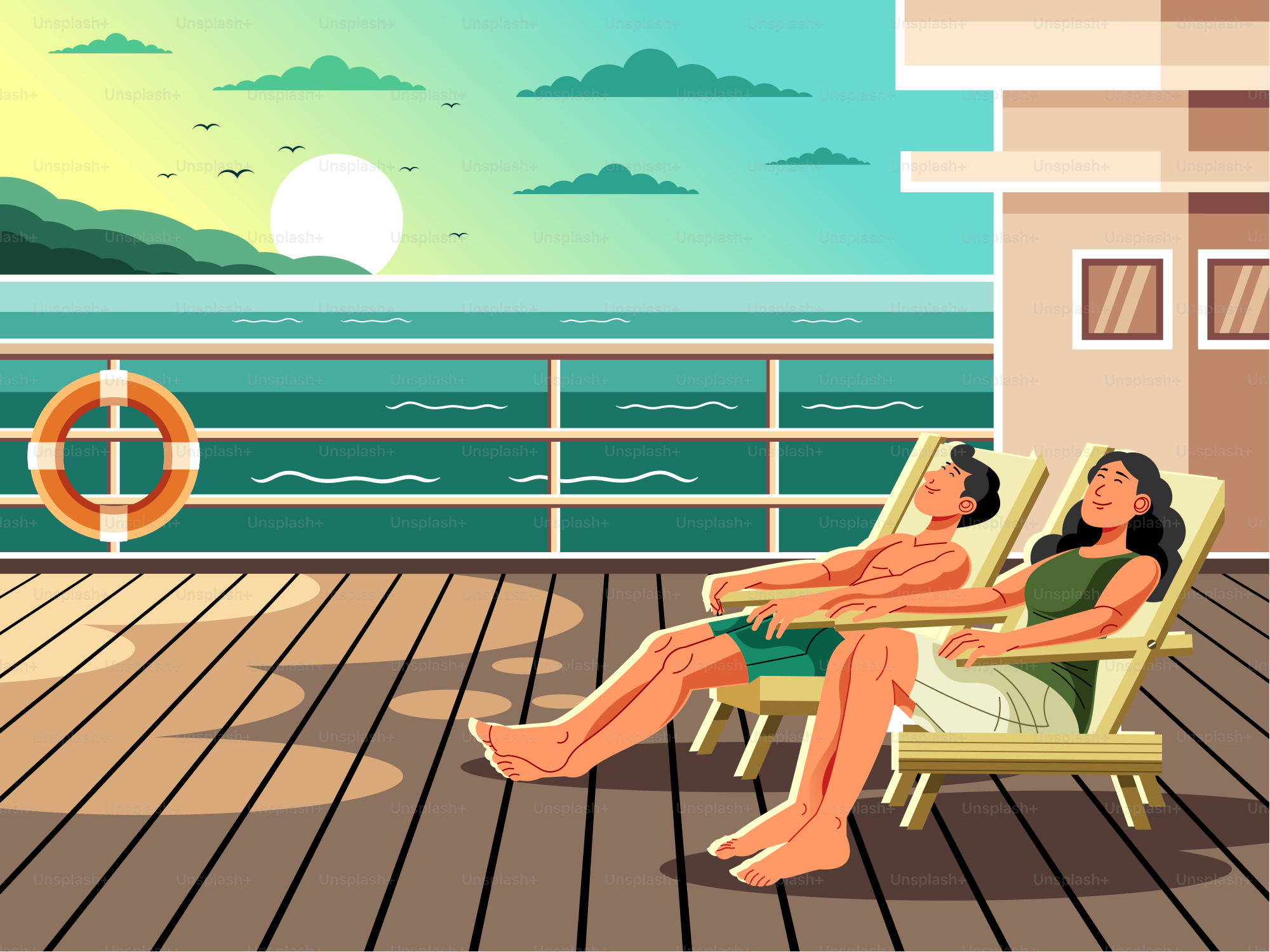 Ein Paar entspannt sich auf einem sonnigen Kreuzfahrtdeck.