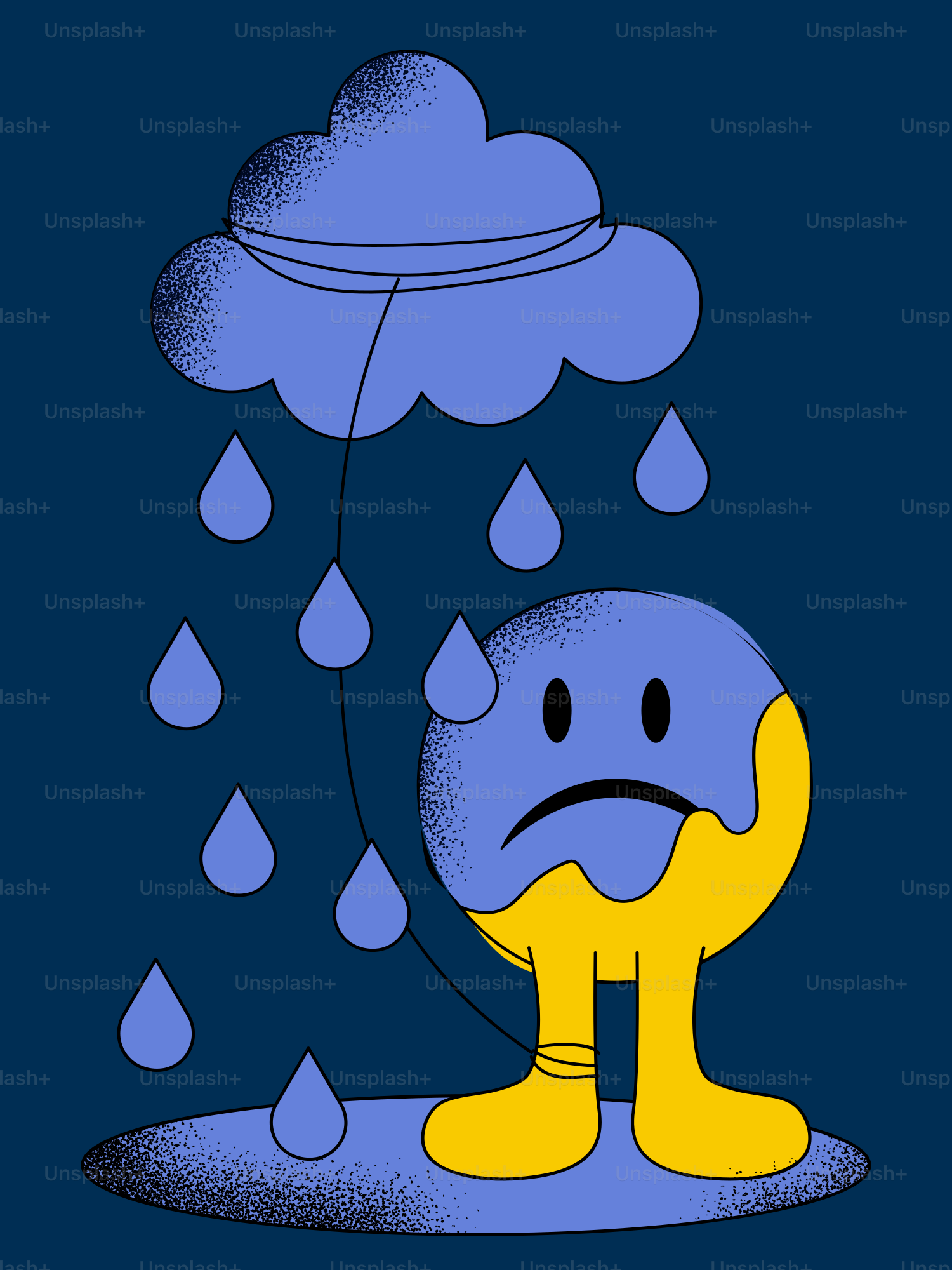 A sad figure is drowning in the rain.