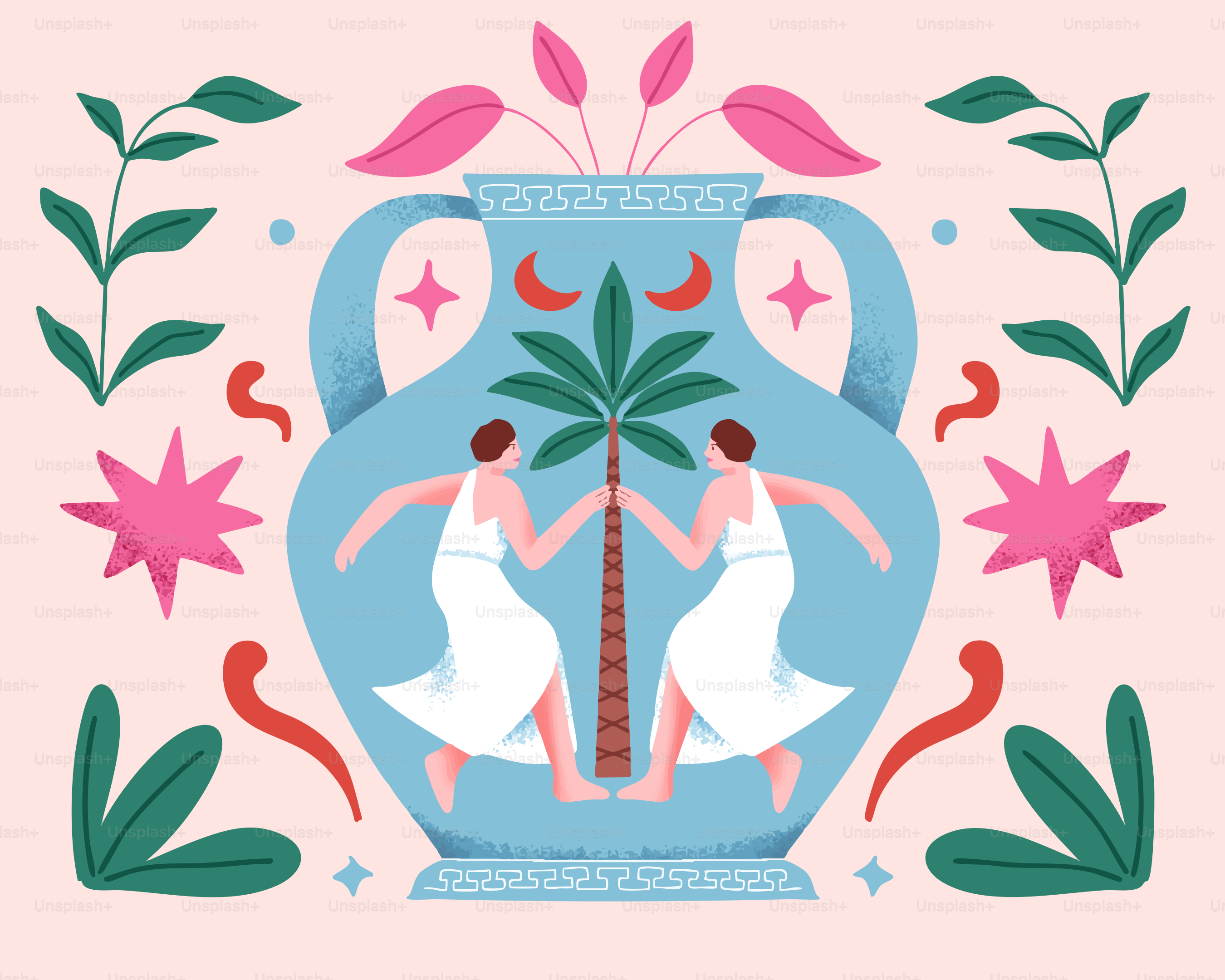 Two women dance around a vase.