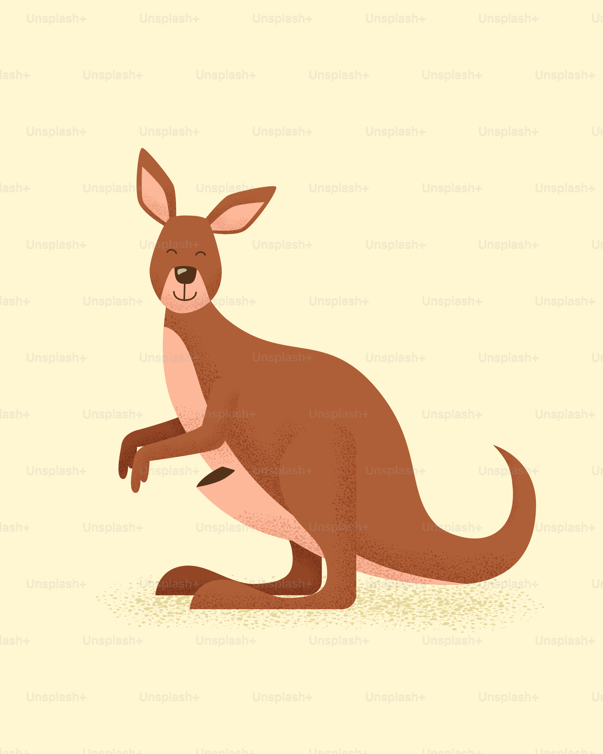 笑顔のカンガルーが足元でポーズをとっています。
