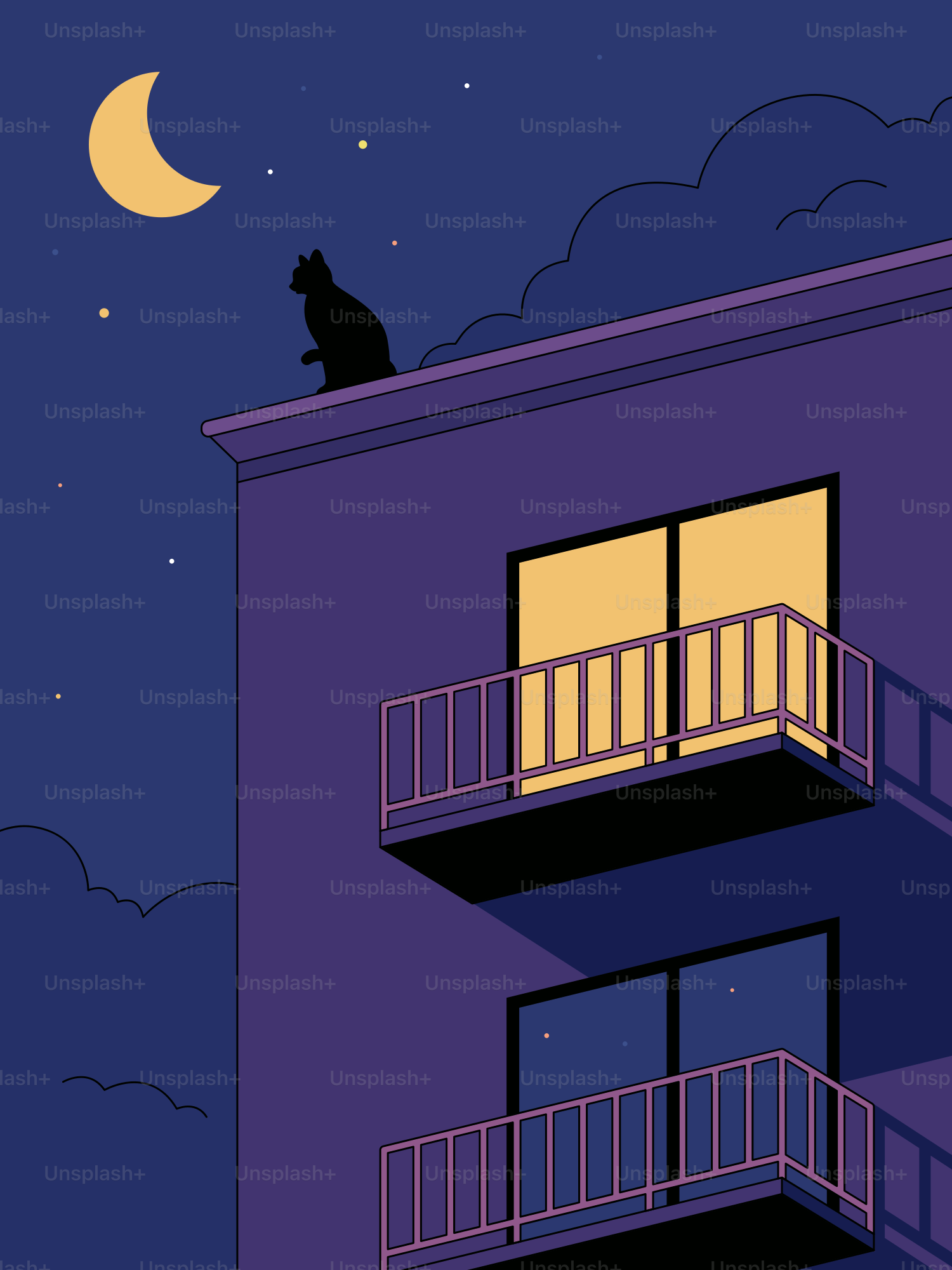 A cat sits atop a building under the moon.