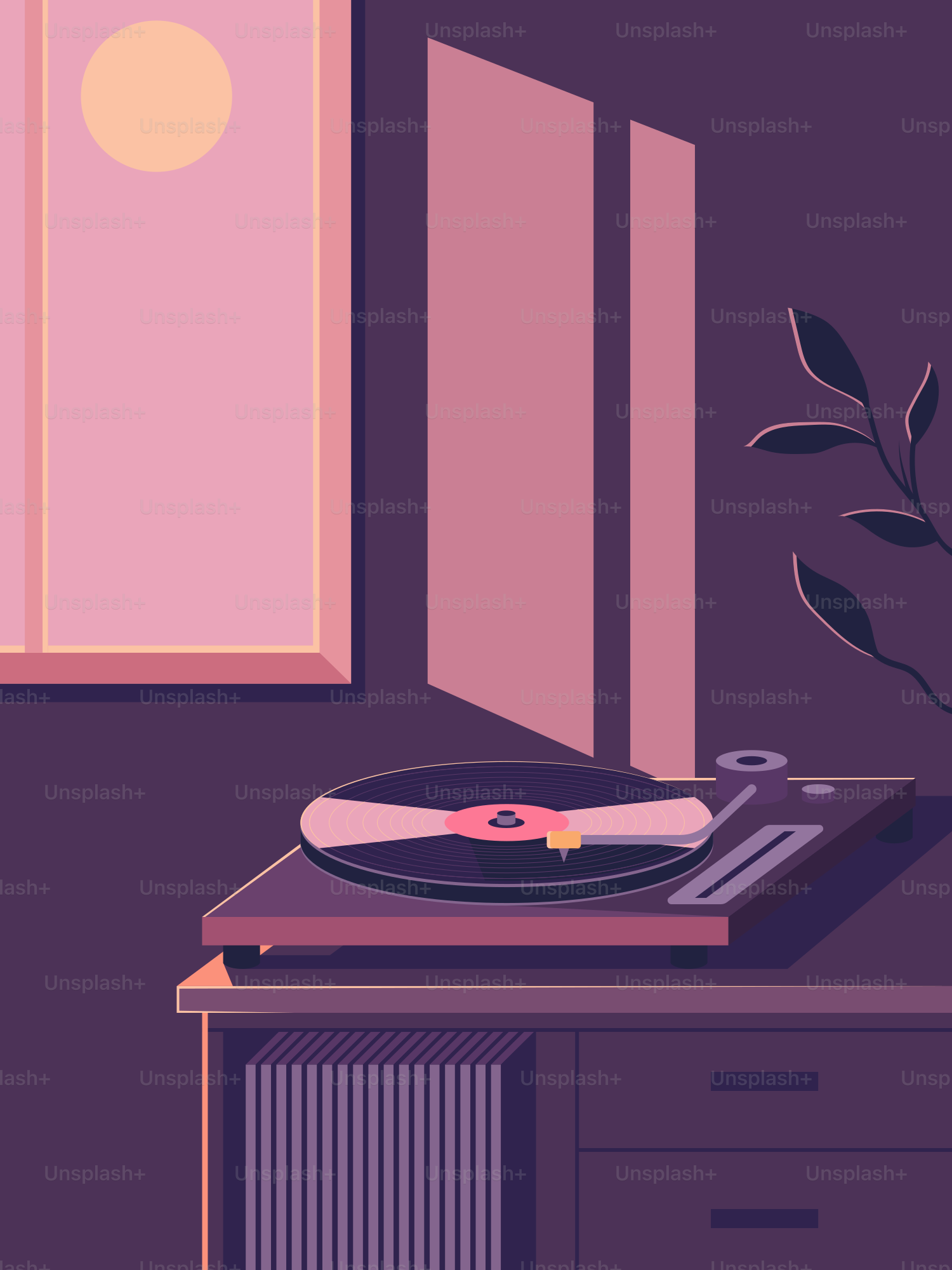 A record player sits in a sunlit room.