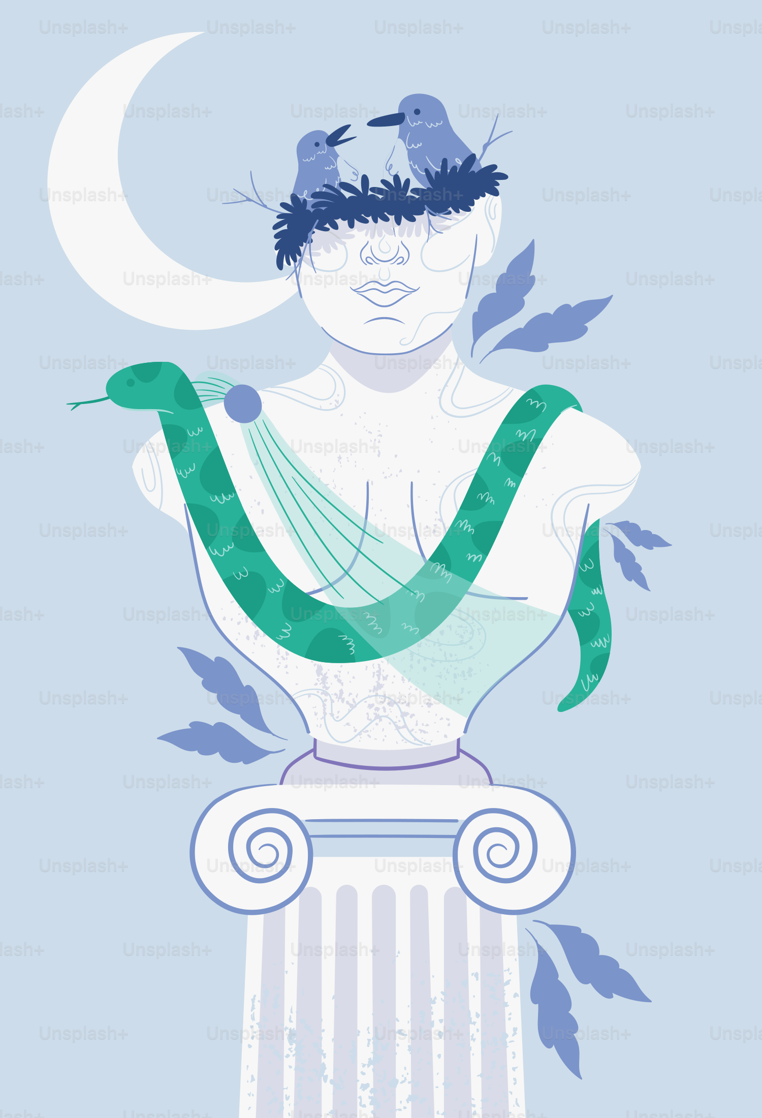 A bust with birds, snake, and moon.