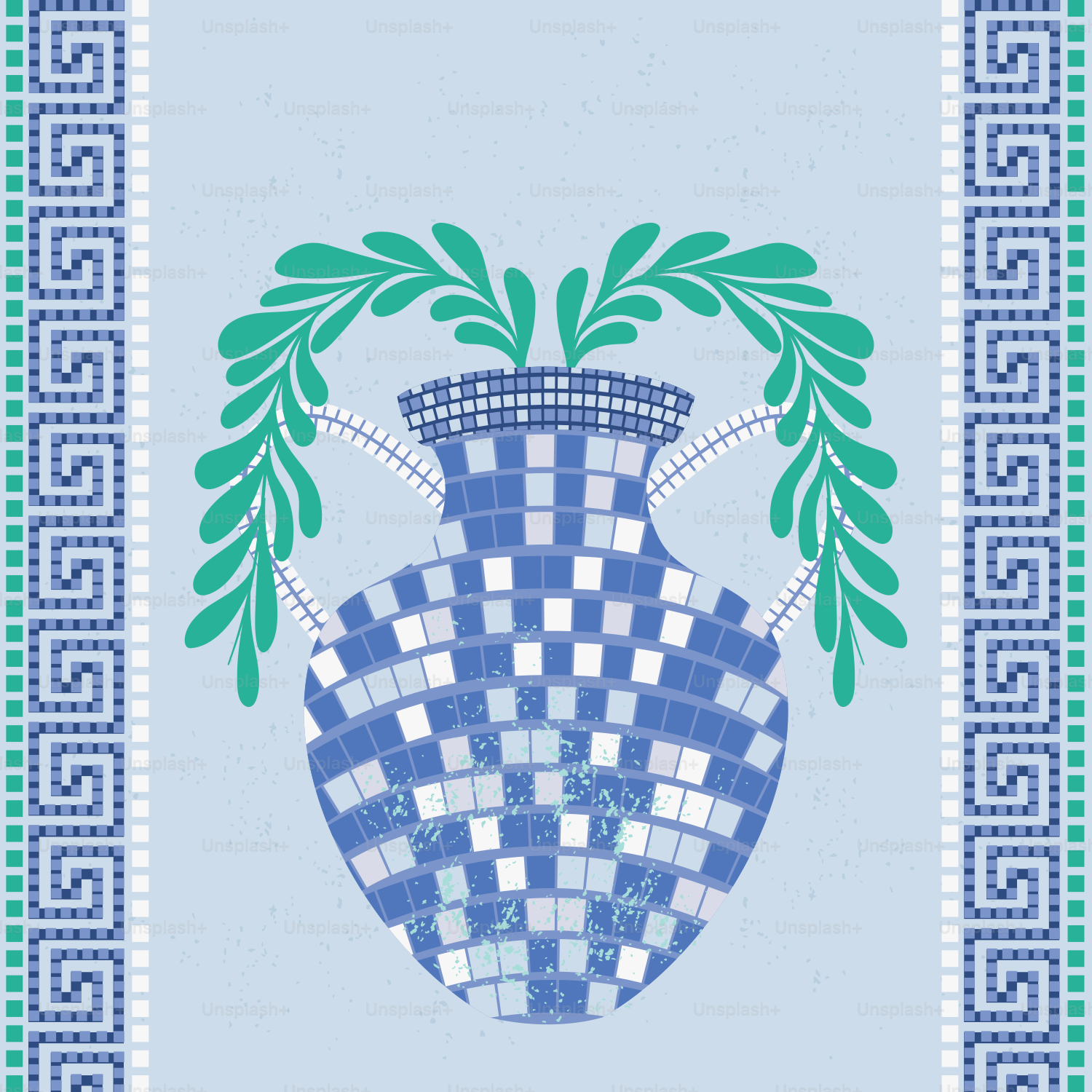 A decorative vase with green leaves and greek border.