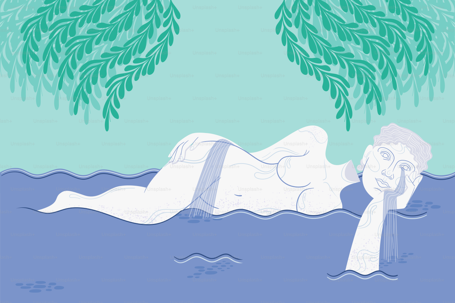 Statue reclines in water under hanging foliage.