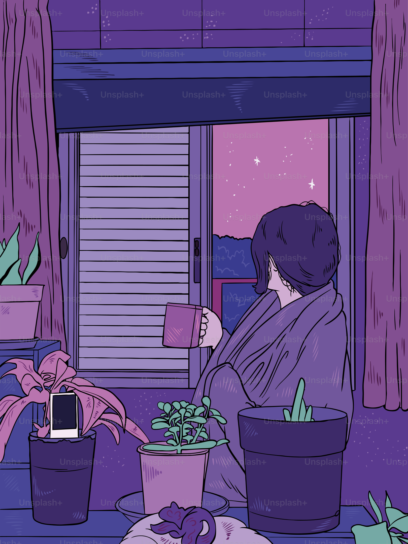 Une personne boit un café, contemplant la nuit étoilée.