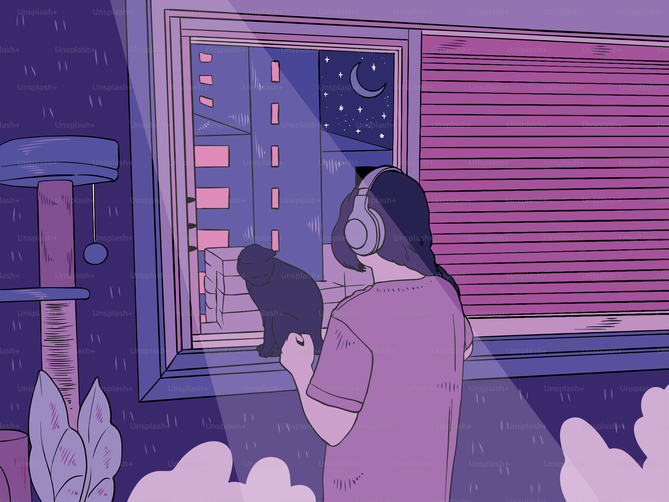 A girl and her cat admire the night sky.
