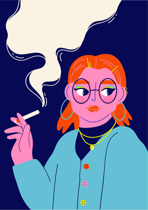 Woman smokes a cigarette, exhaling smoke.