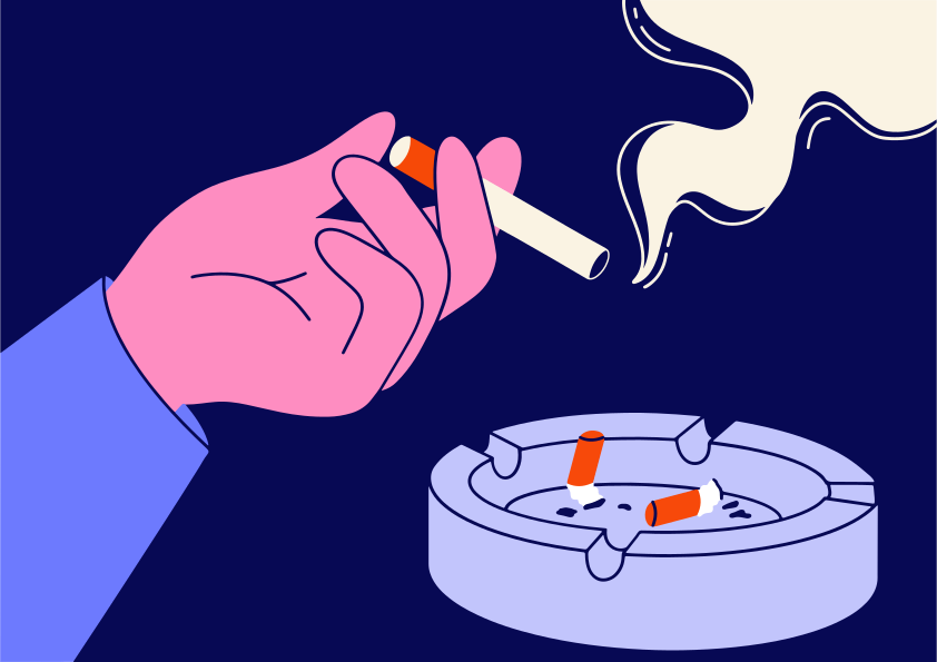 A hand is holding a cigarette, smoking.