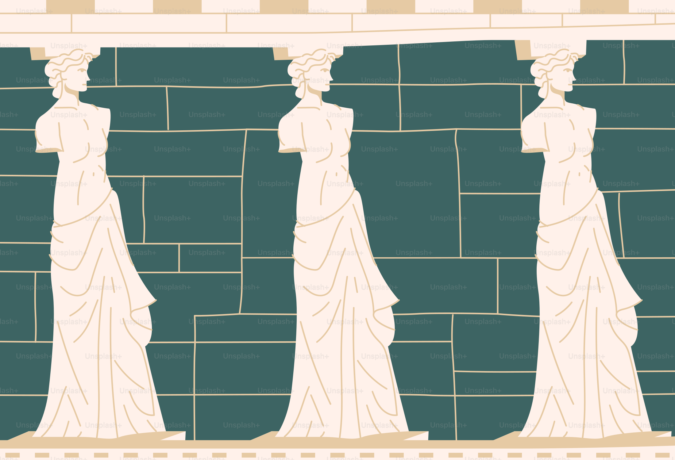 Trois cariatides se dressent dans un ancien bâtiment grec.