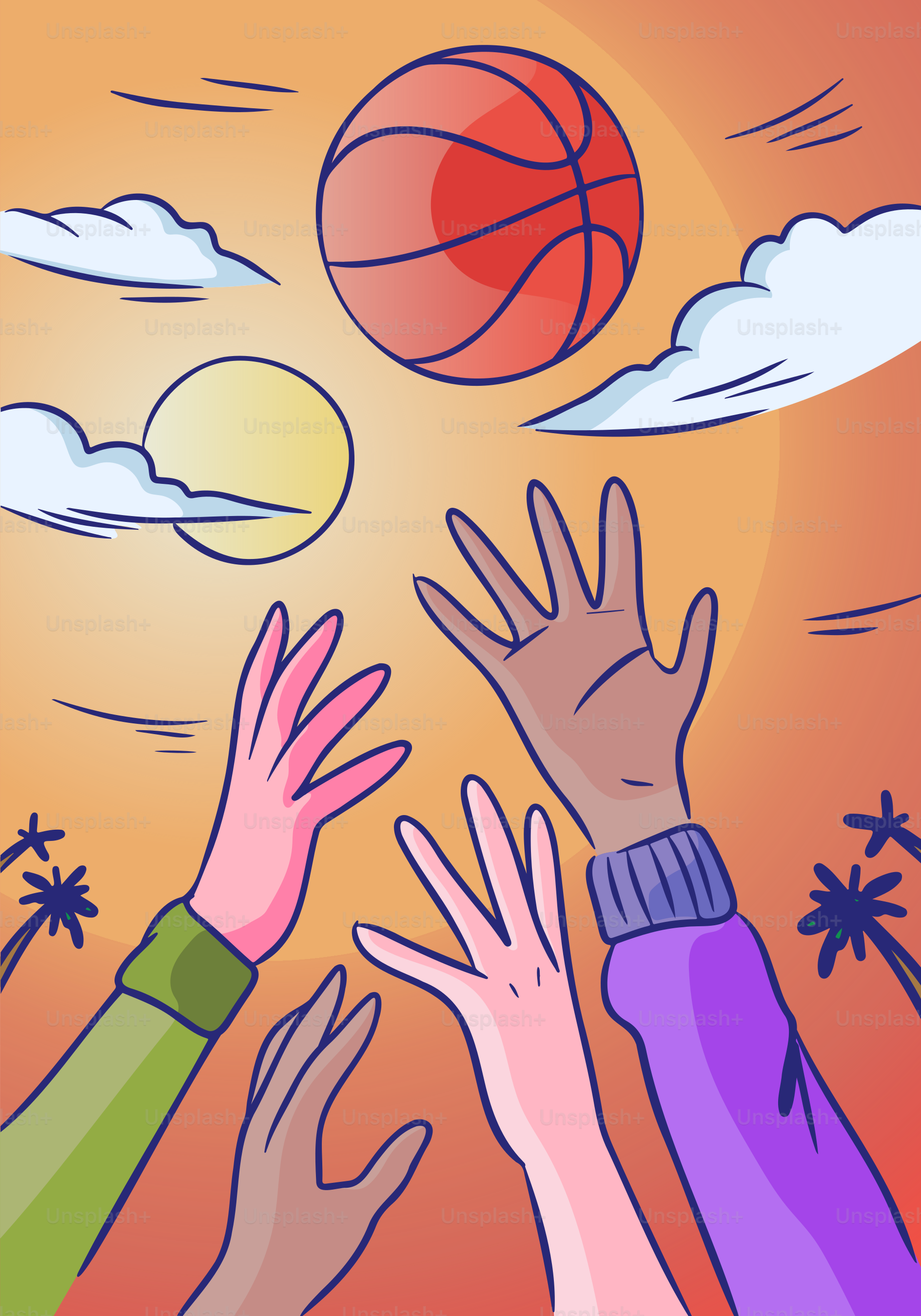 Hands reach for a basketball in a sunny scene.