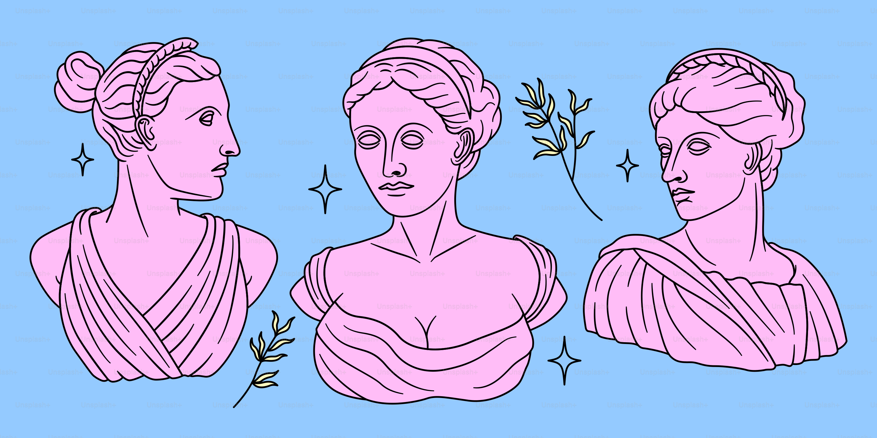 Pink greek busts on a blue background.