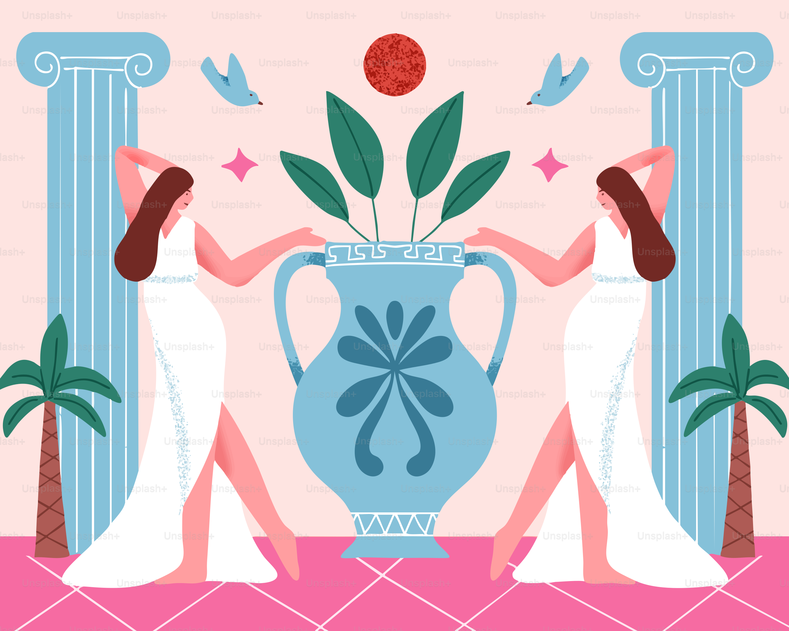Two women and a vase create a symmetrical design.