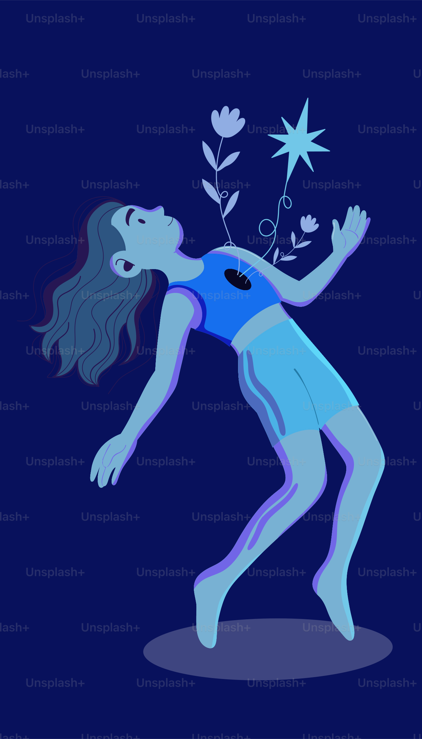 Une personne flottante a des fleurs et une étoile qui pousse d’elles.