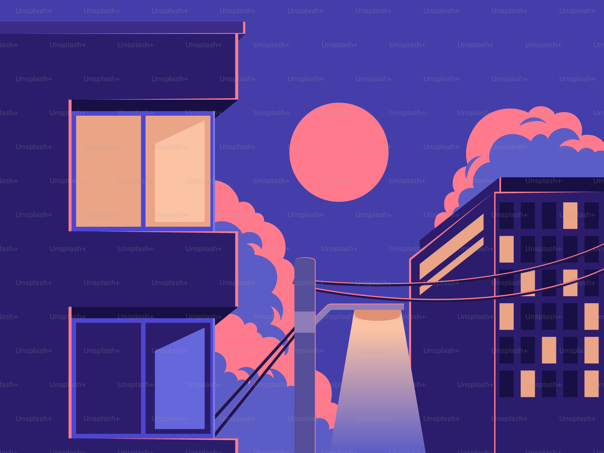 夜の街、夕焼け。