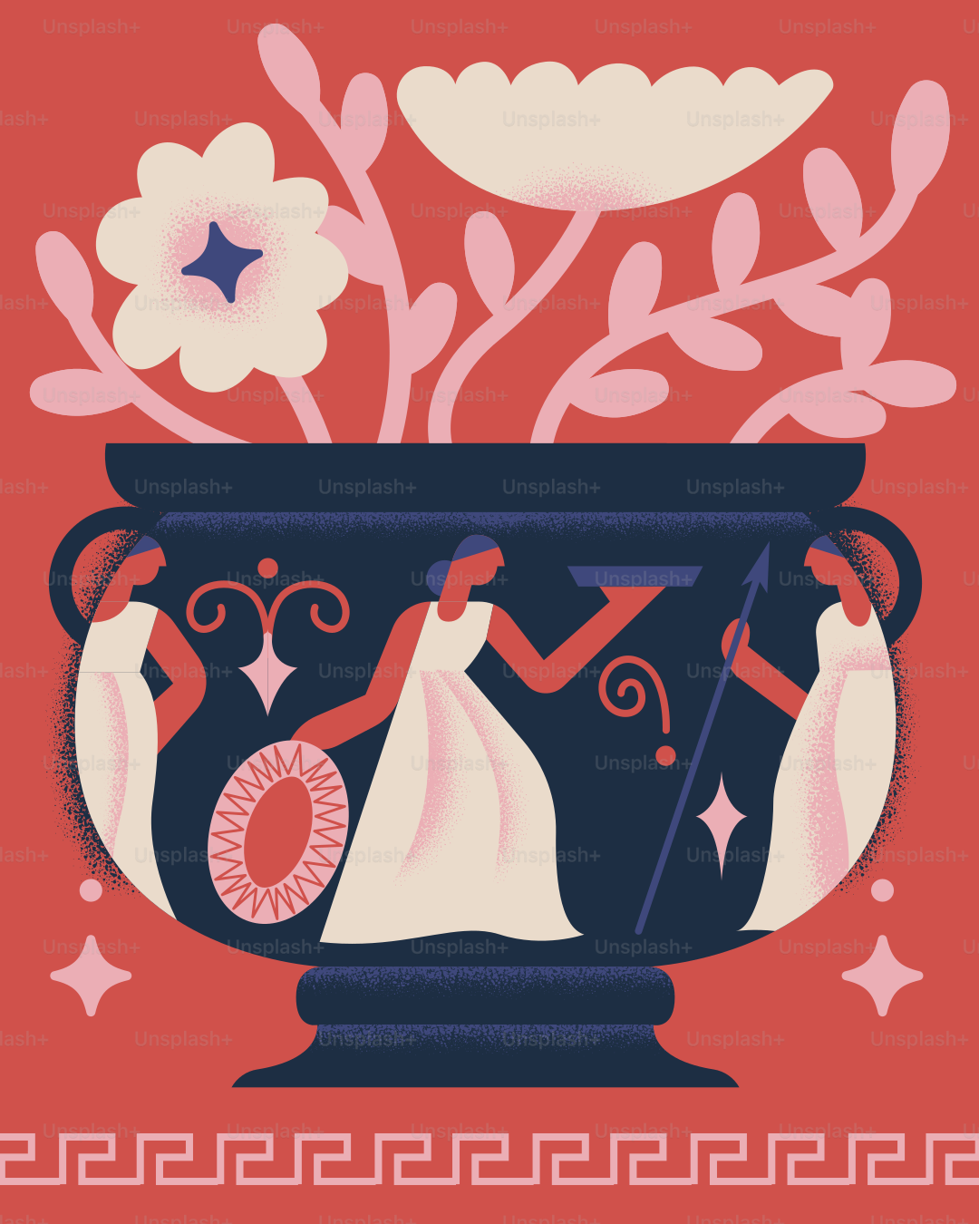 Des œuvres florales montrent des femmes et un vase grec.