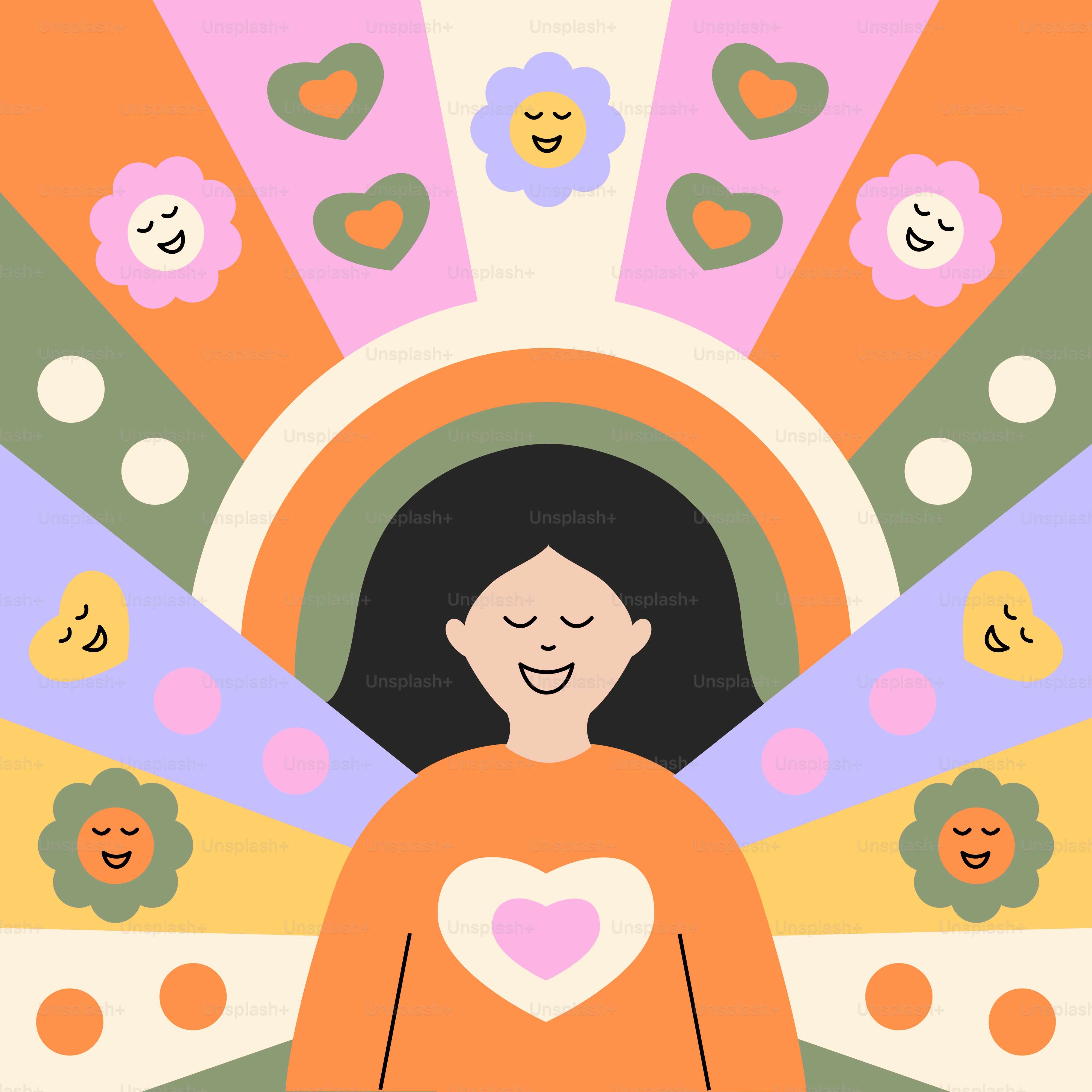 A happy person with joyful rainbows and flowers.