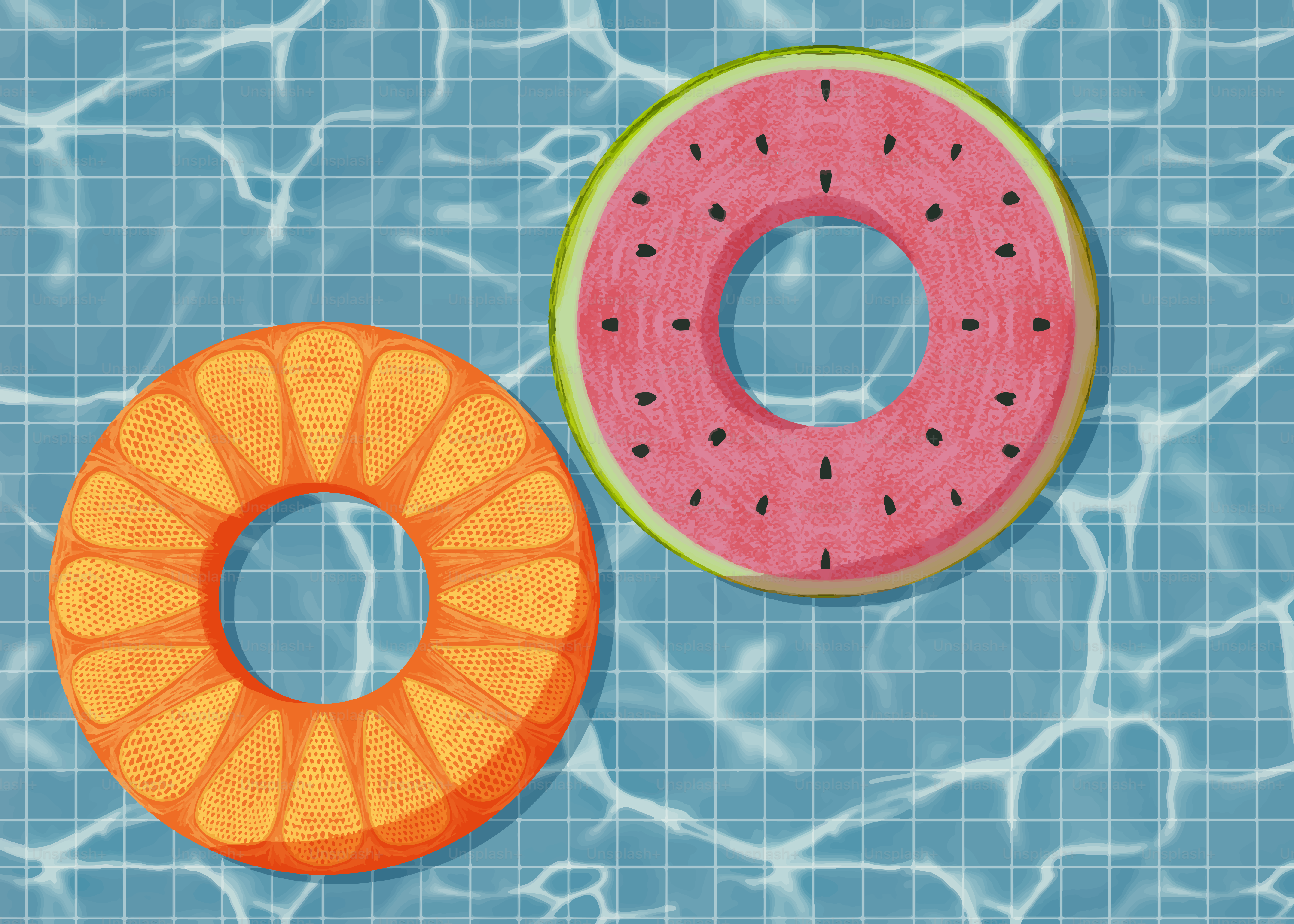 Two fruit-shaped floats relax in the pool.