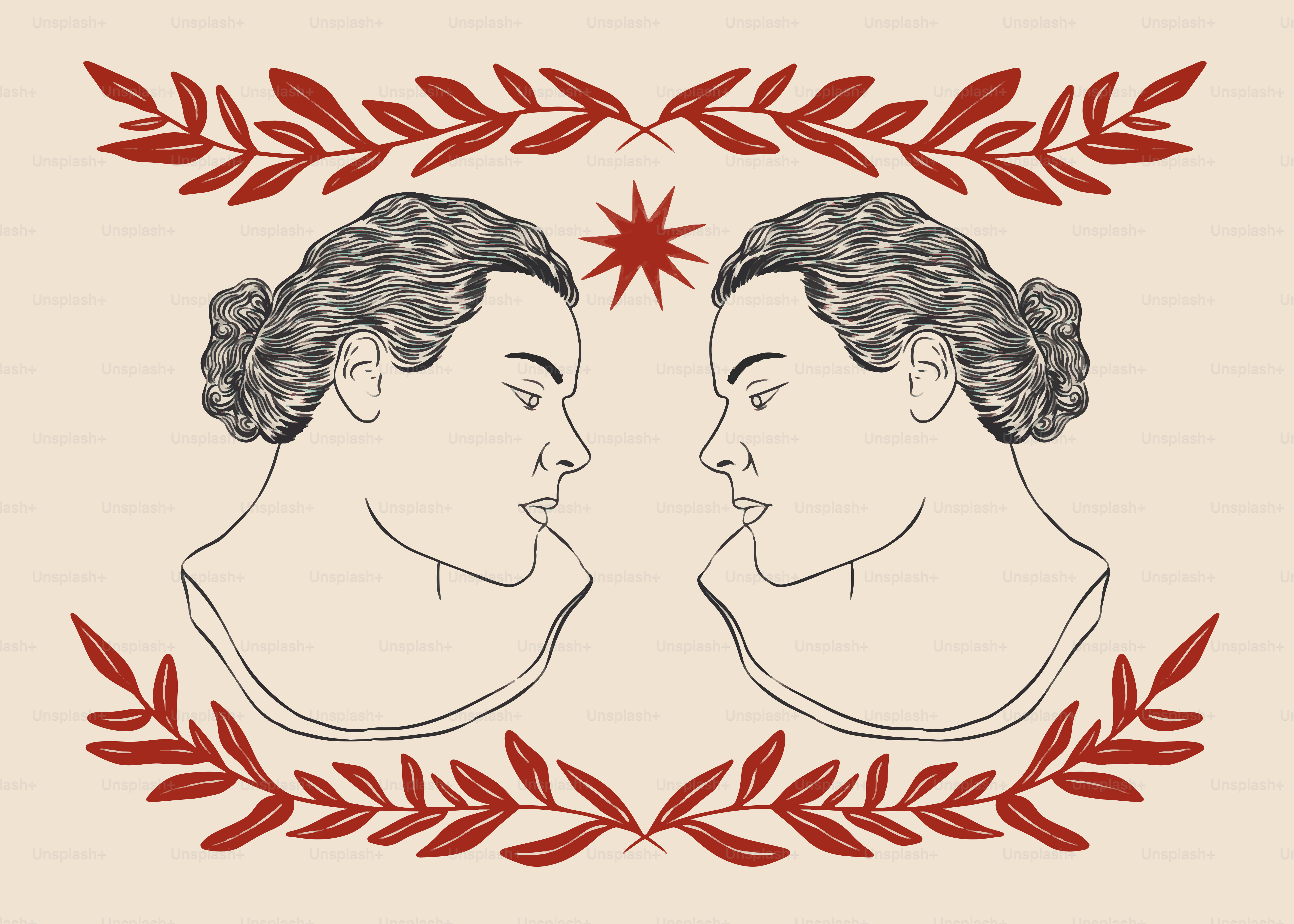 Two portraits face each other with foliage