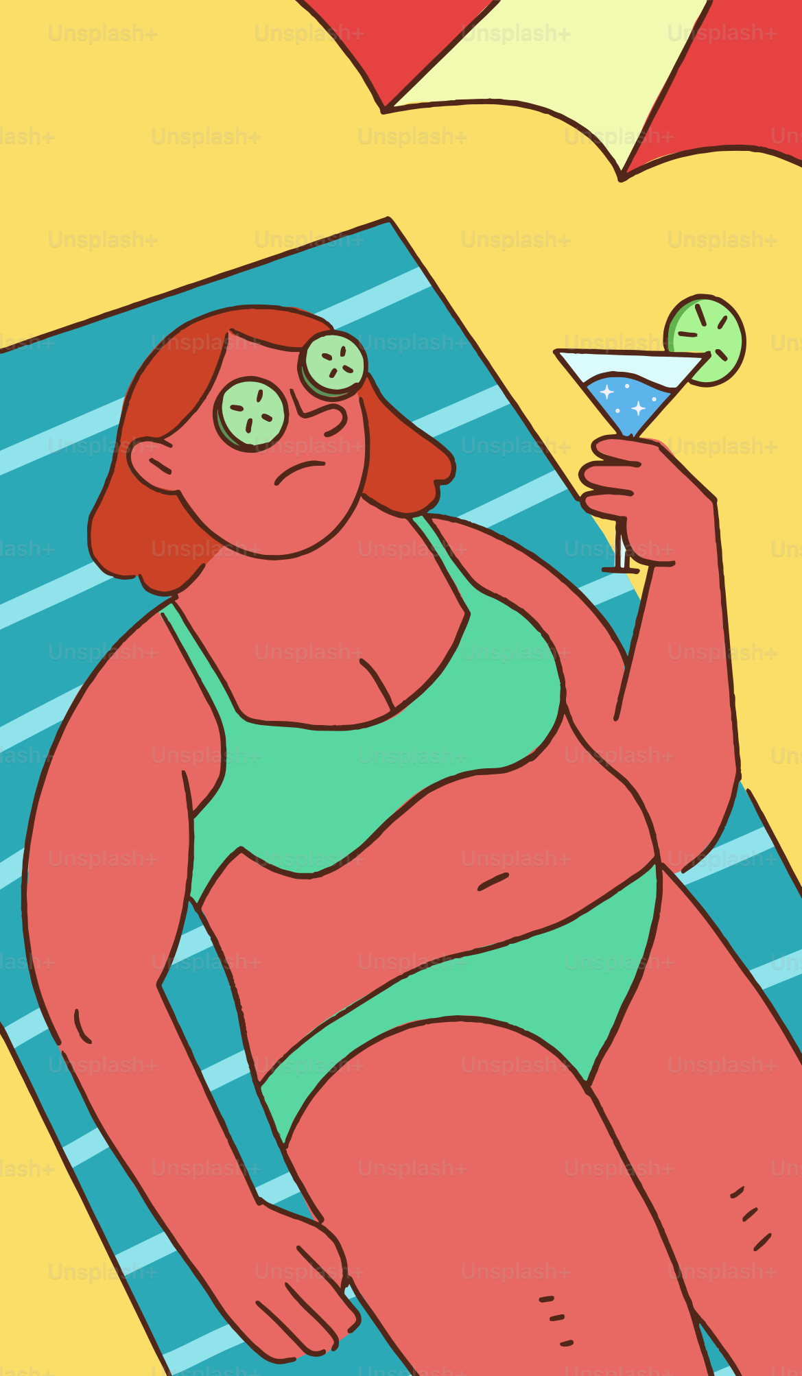 Woman relaxes on beach with drink and cucumbers.
