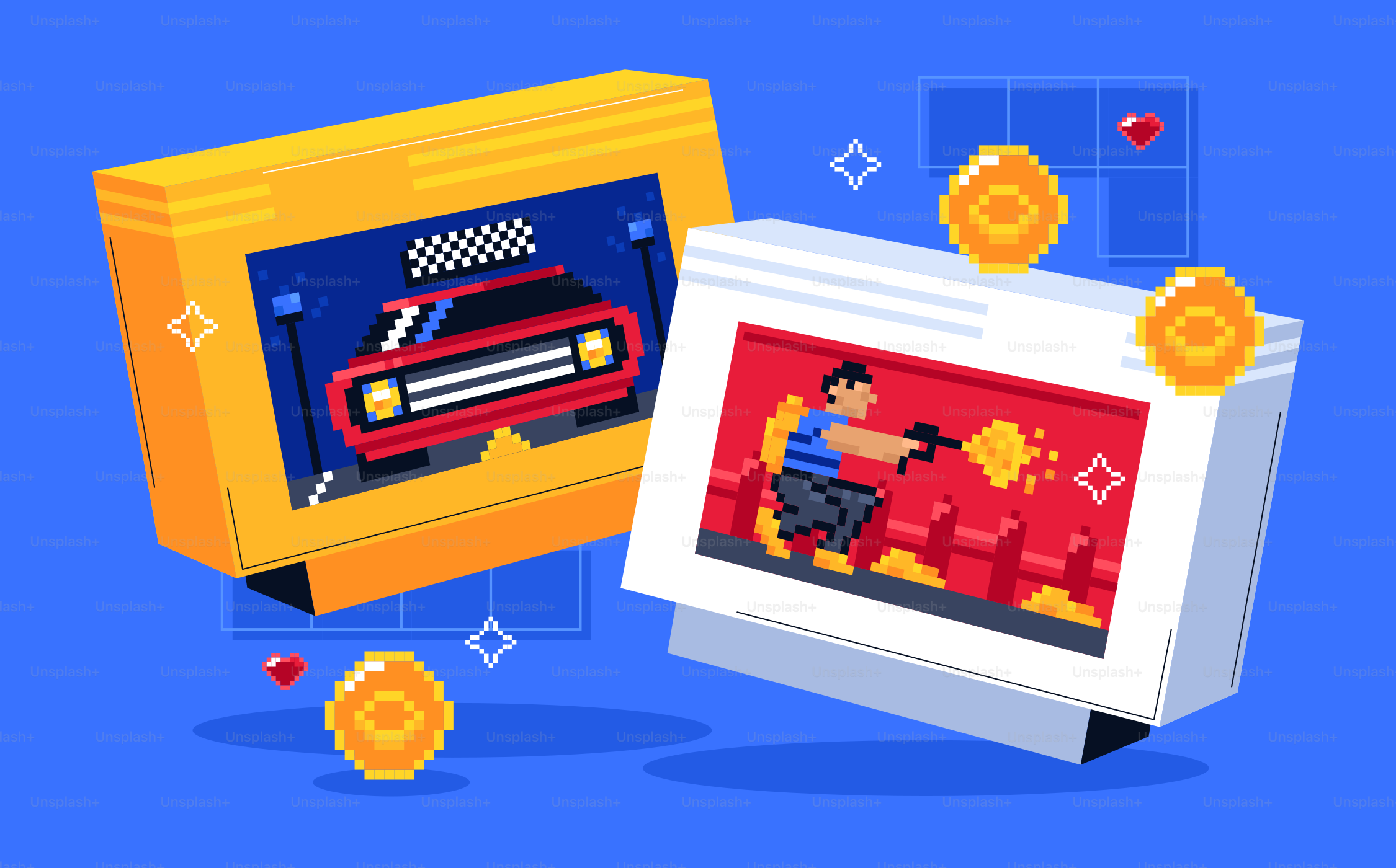 Retro video game cartridges and pixel art.