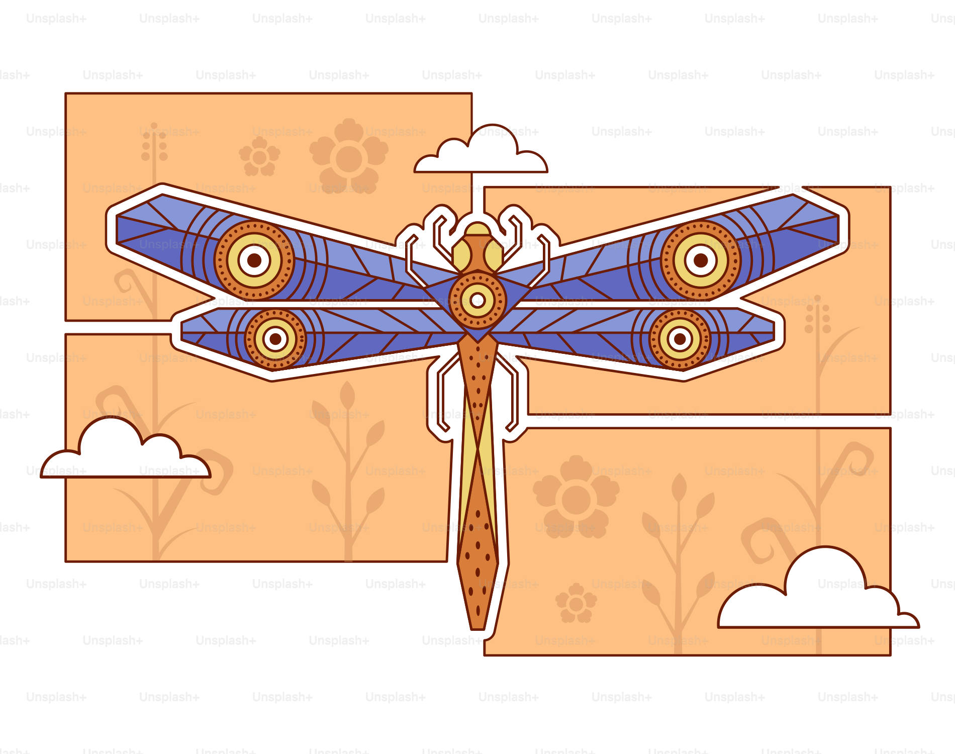 A stylized dragonfly with floral background.