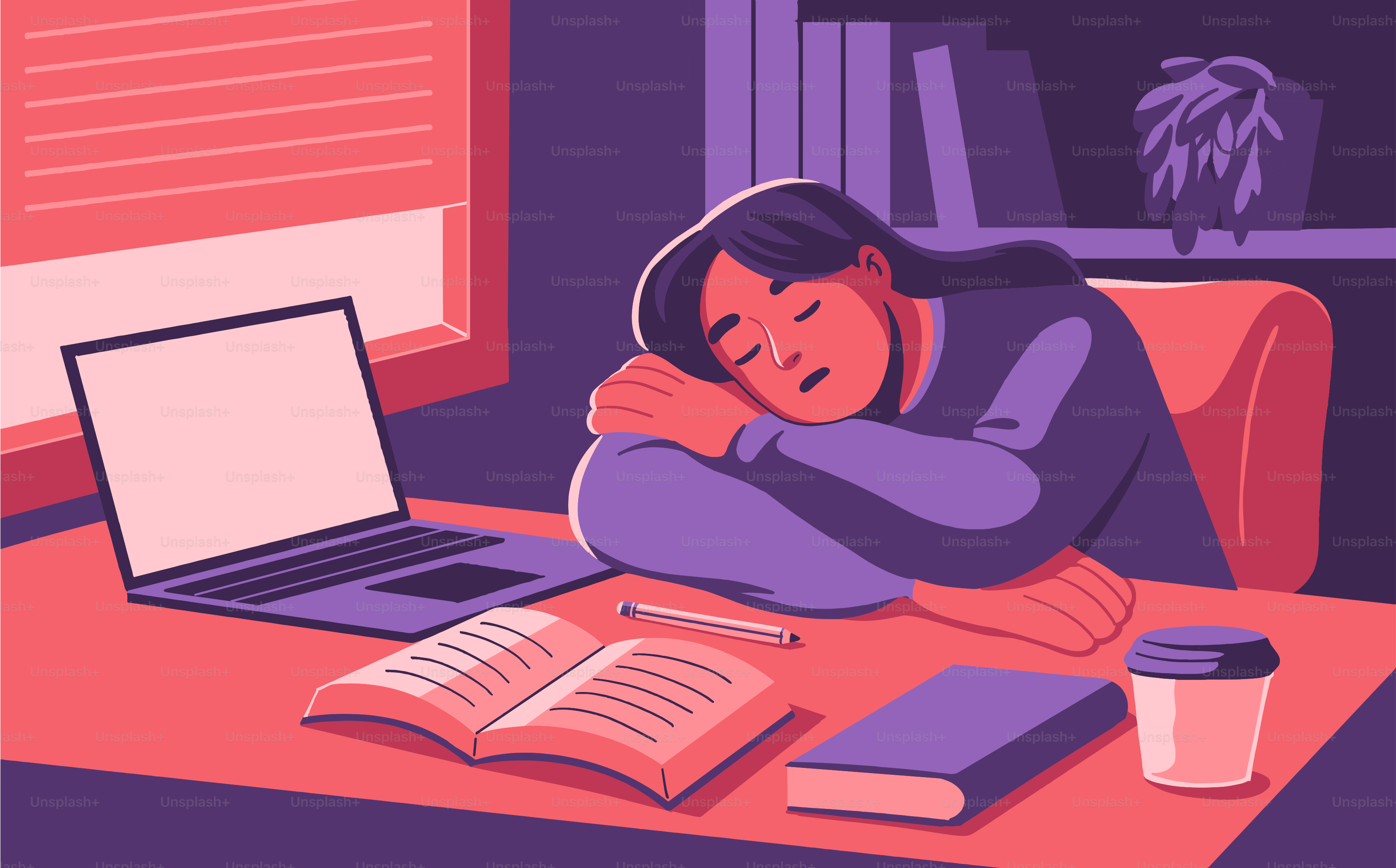 Exhausted student asleep at her desk.