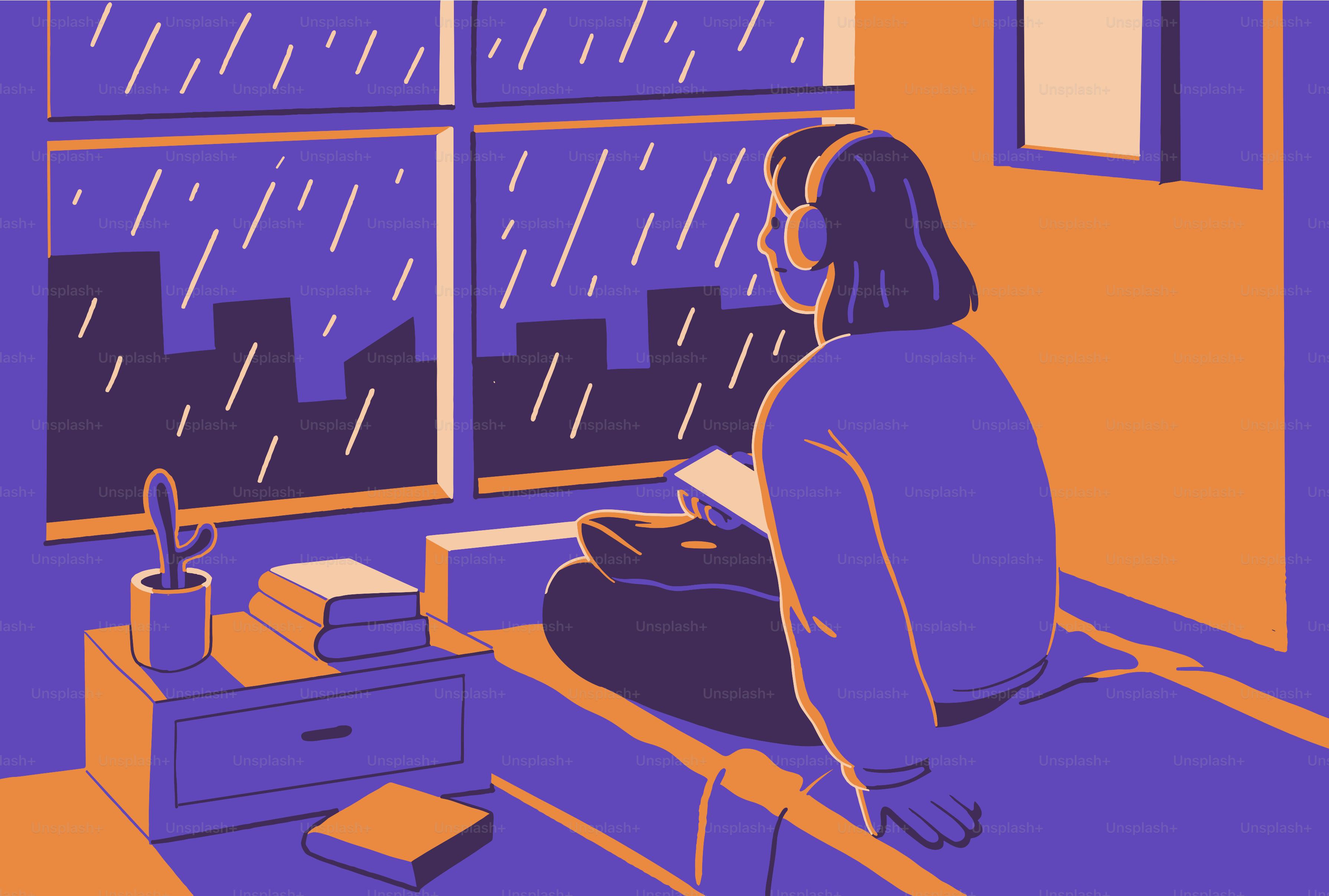 A person looks out the window at the rain.