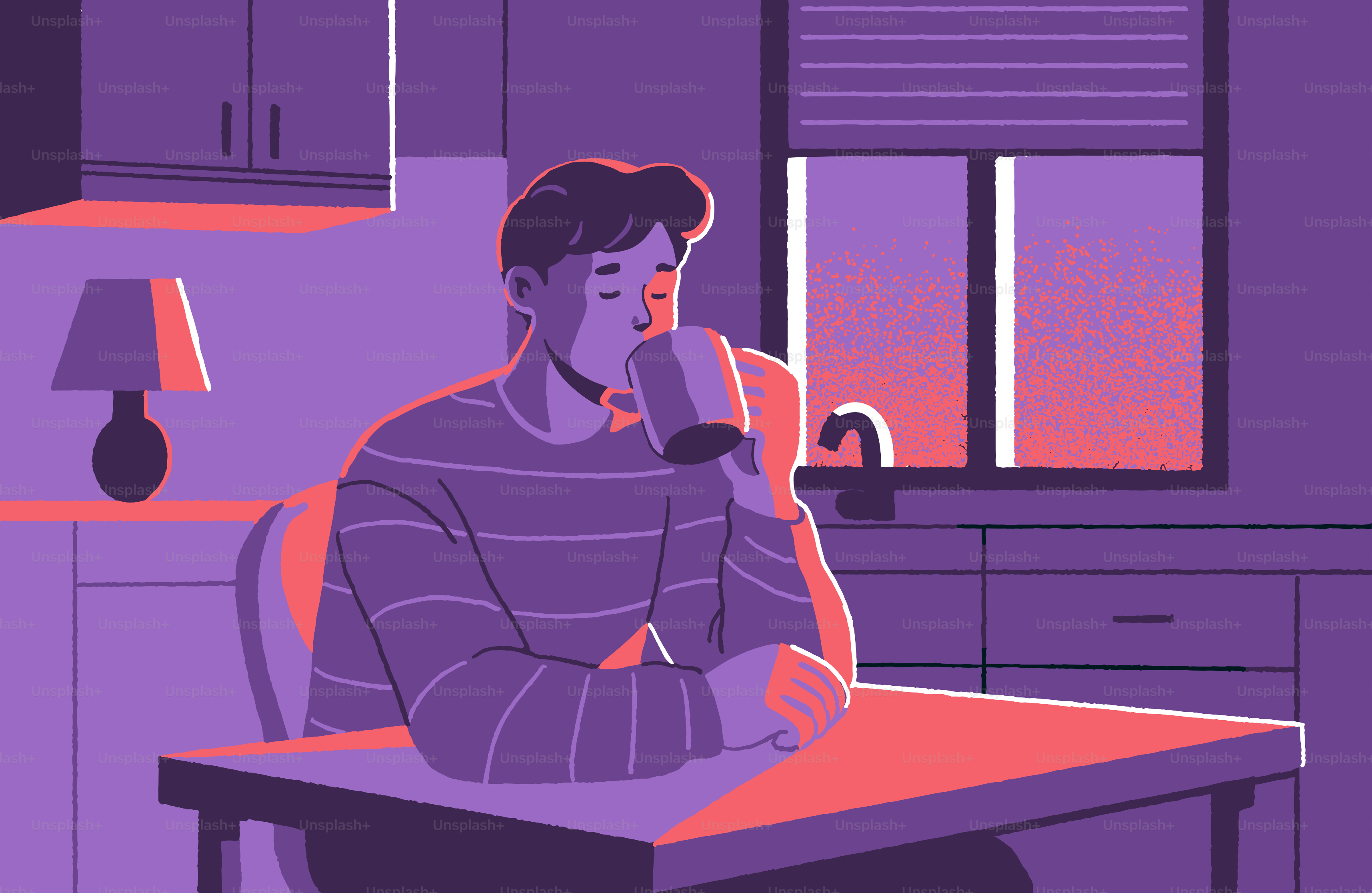 A man sips coffee in his kitchen at dusk.