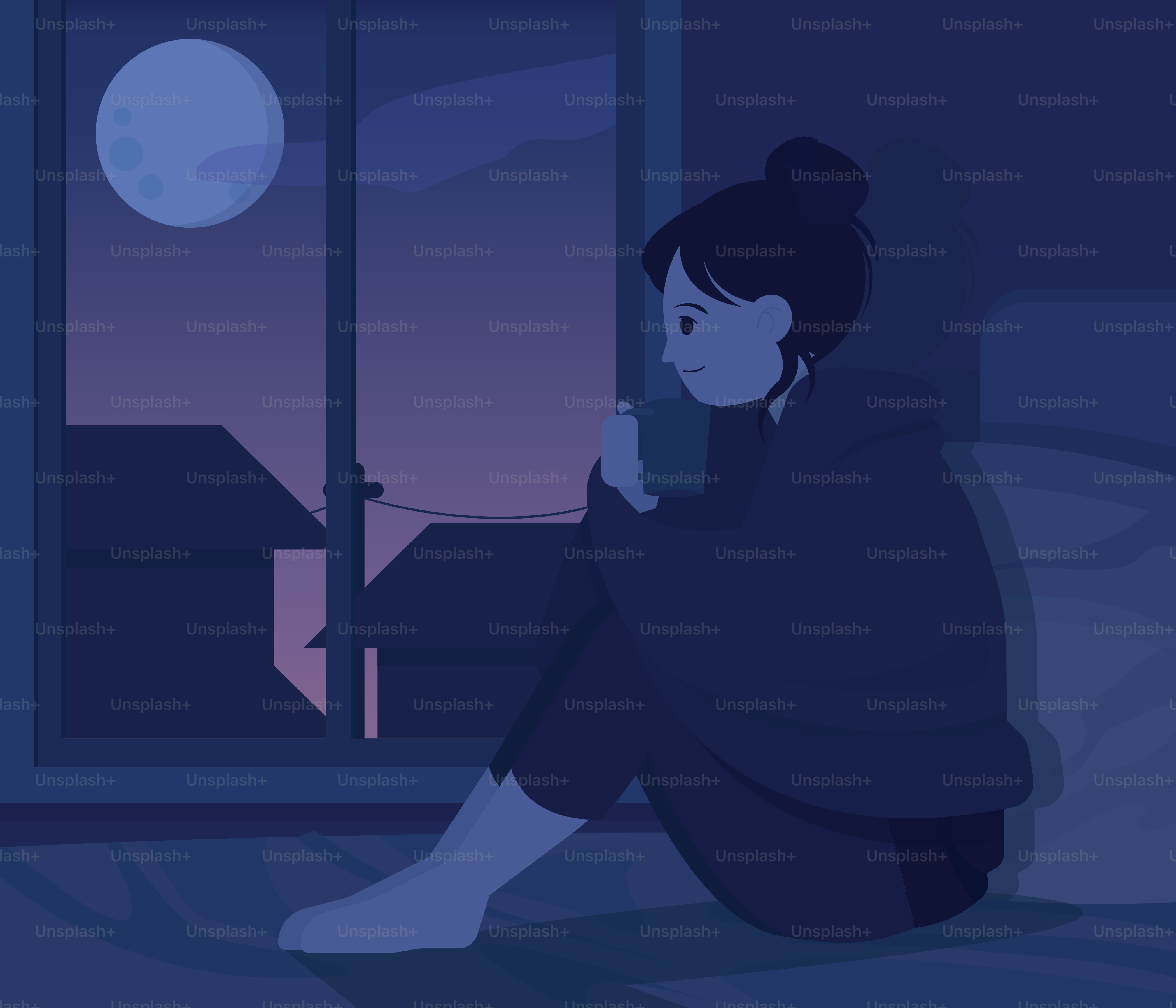 A woman sits beside a window at night.