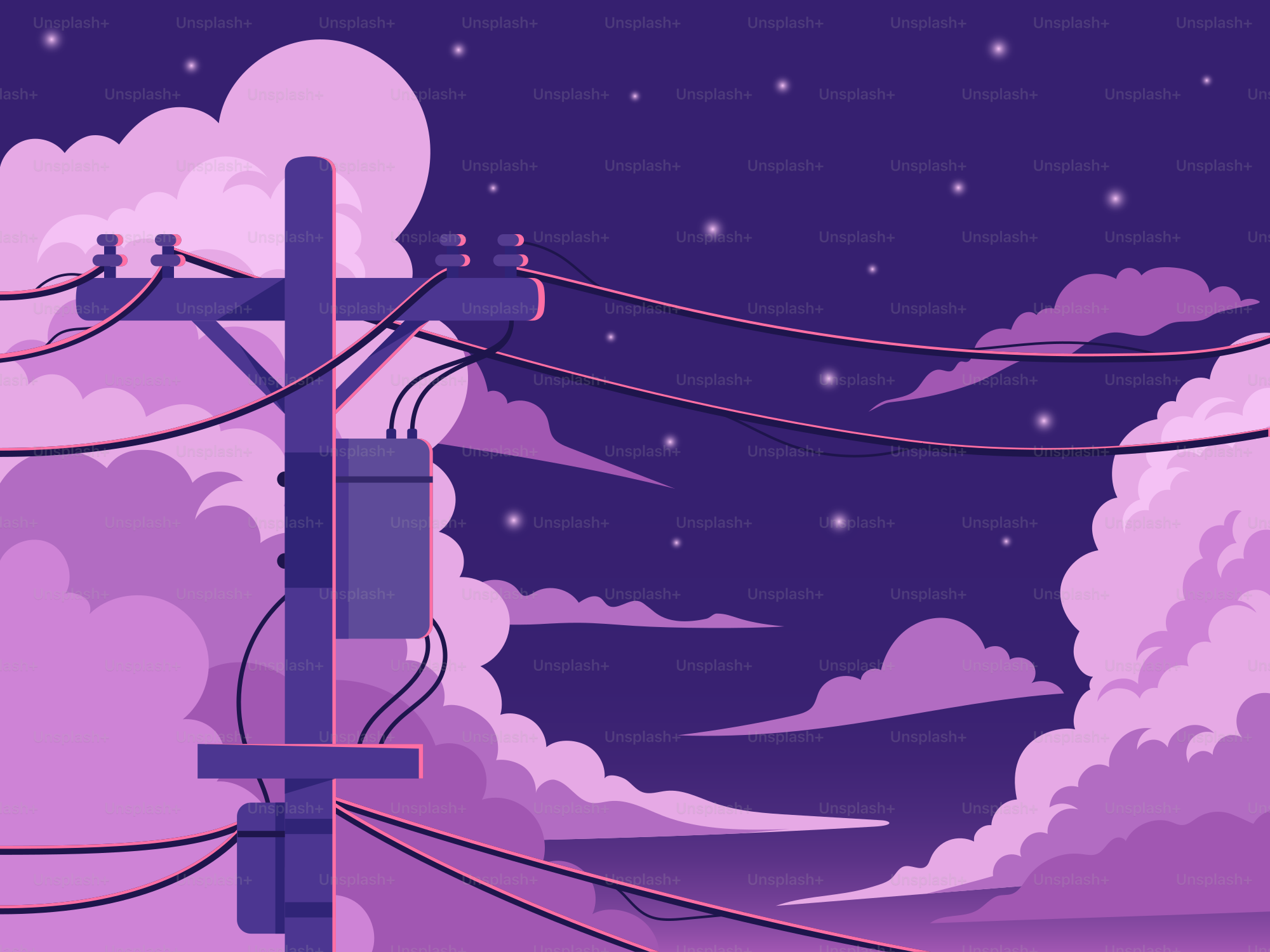 A purple night sky with power lines.