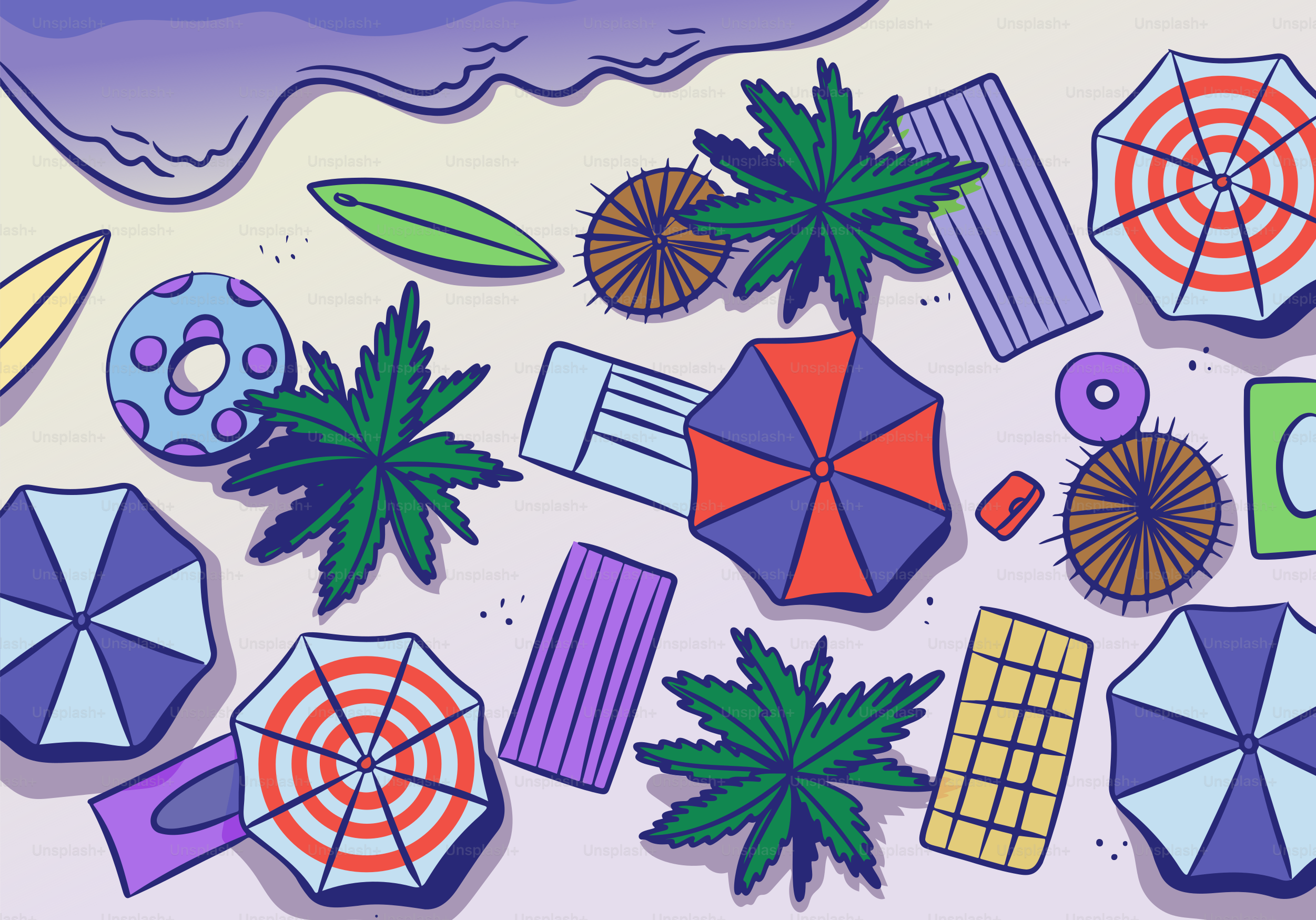 Beach umbrellas and accessories are scattered on the sand.