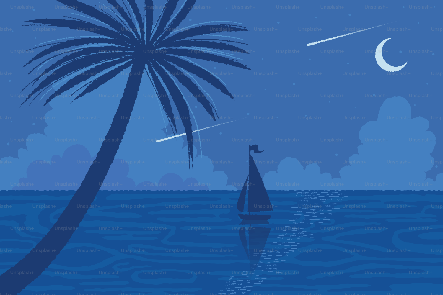 Un velero navega bajo el cielo nocturno.