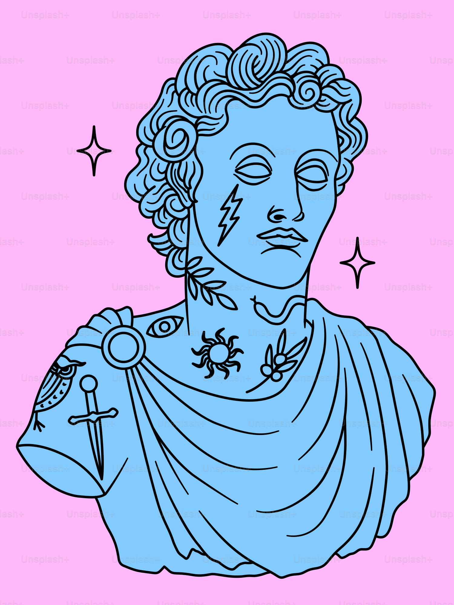 A blue statue adorned with colorful tattoos.