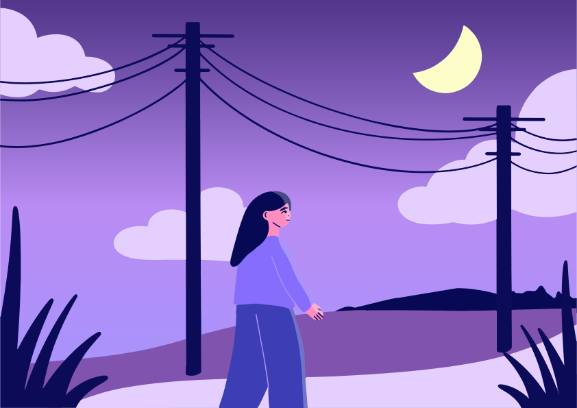 A woman walks alone under a moonlit sky.