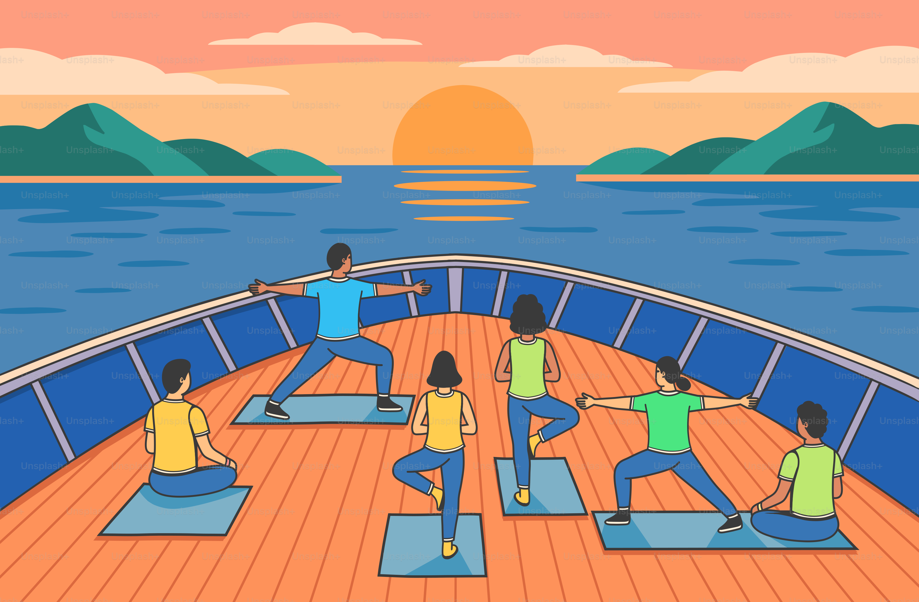 People practice yoga on a boat during sunrise.
