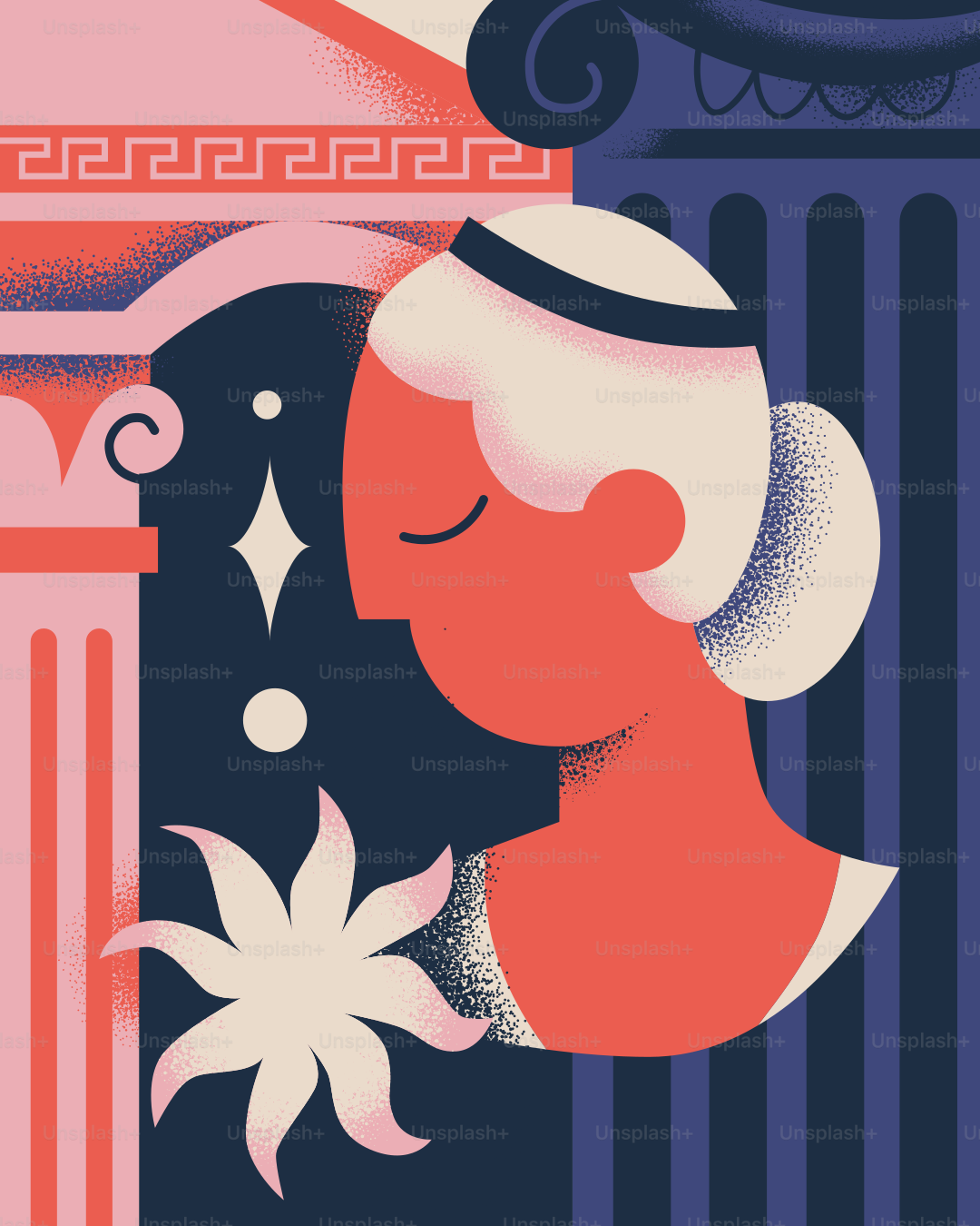 A stylized woman with a flower amidst classical elements.