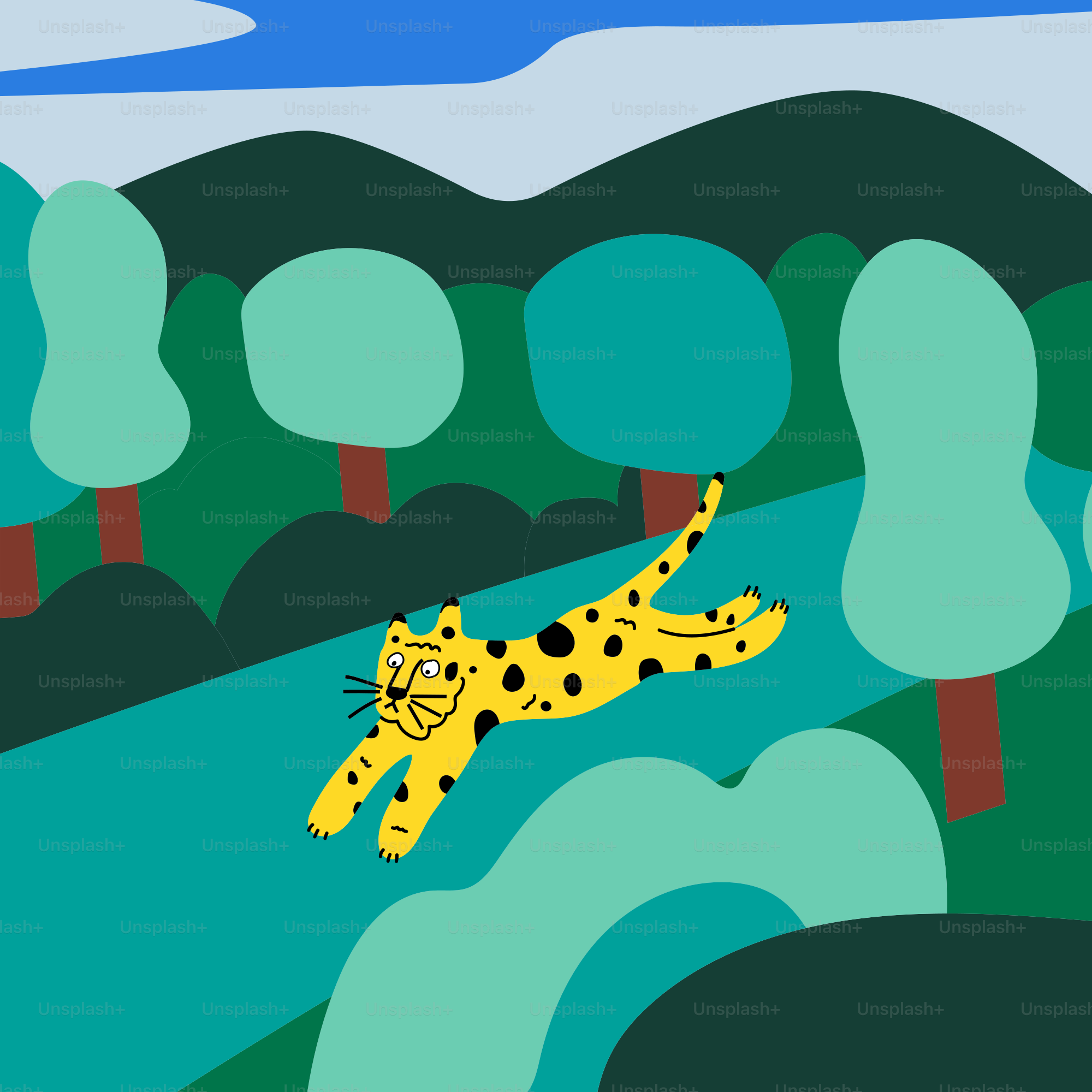 A yellow cheetah runs through a green forest.