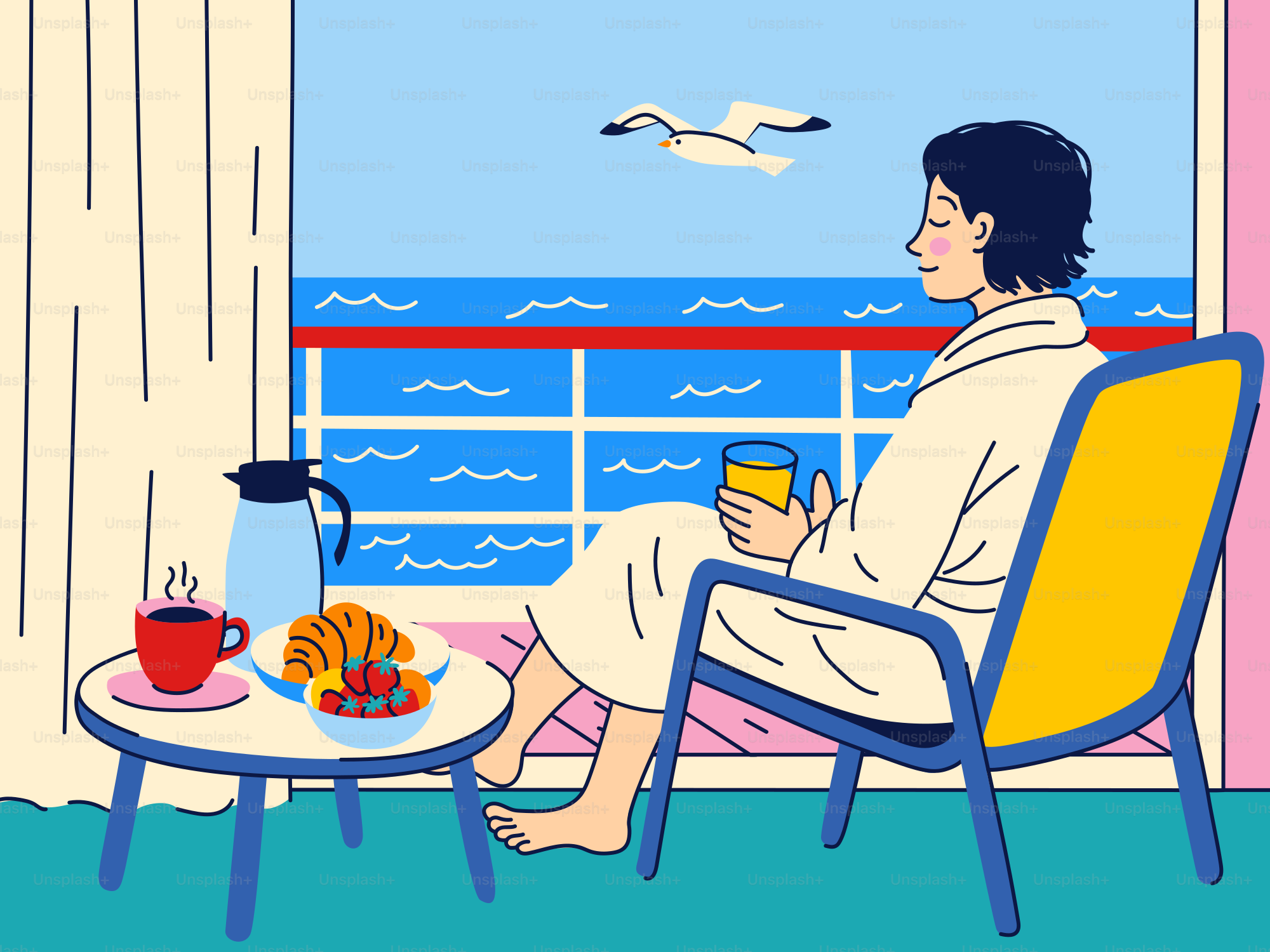 La personne apprécie le petit-déjeuner et la vue sur l’océan lors d’une croisière.