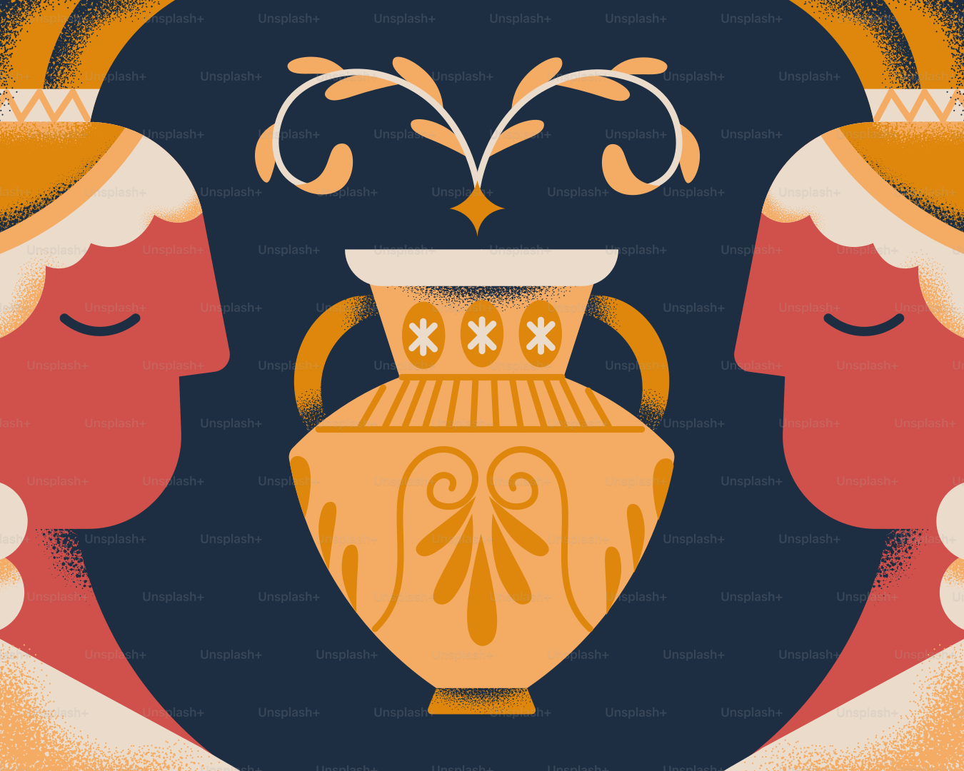 Two figures flank an ornate vase.