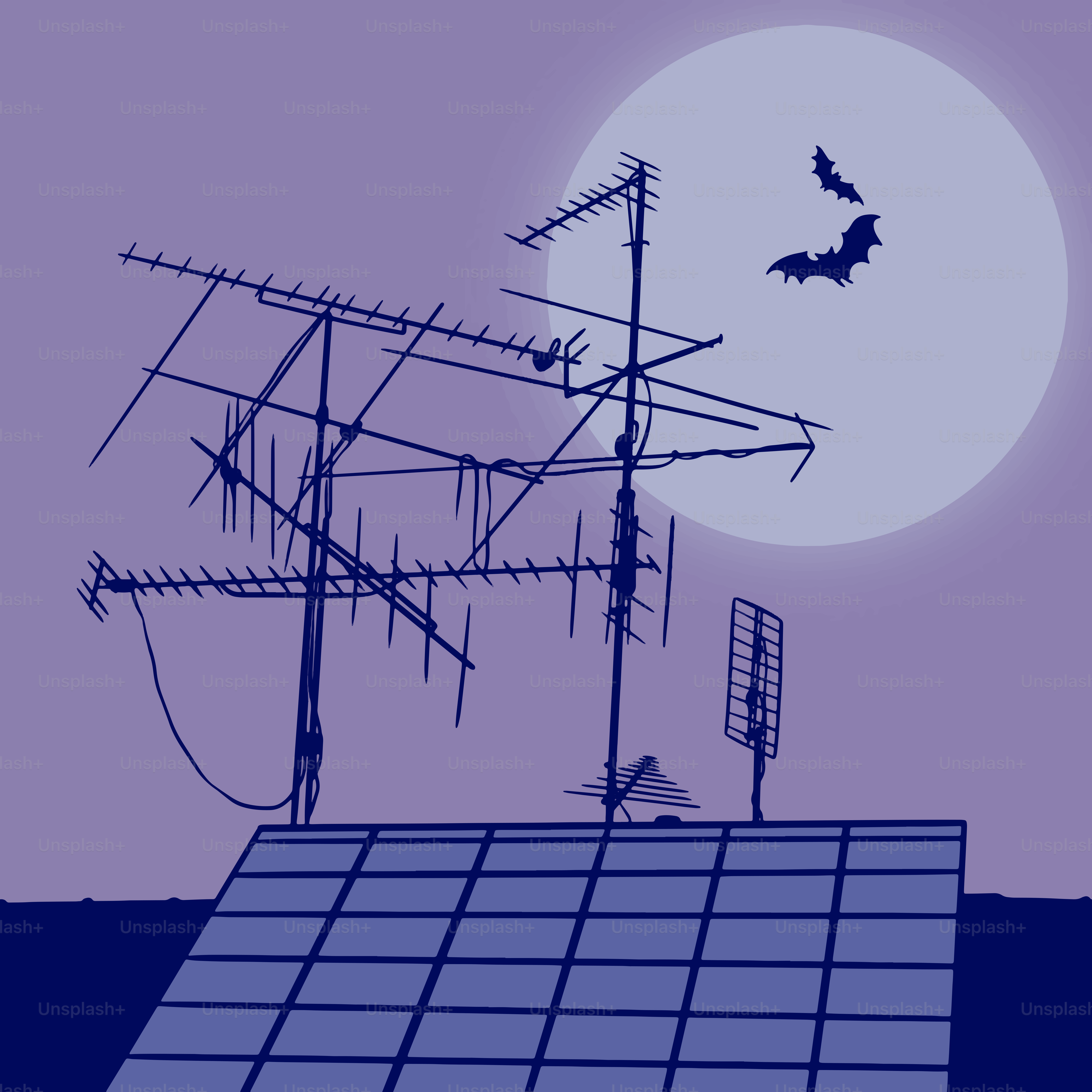 Bats fly past antennas on a spooky rooftop.