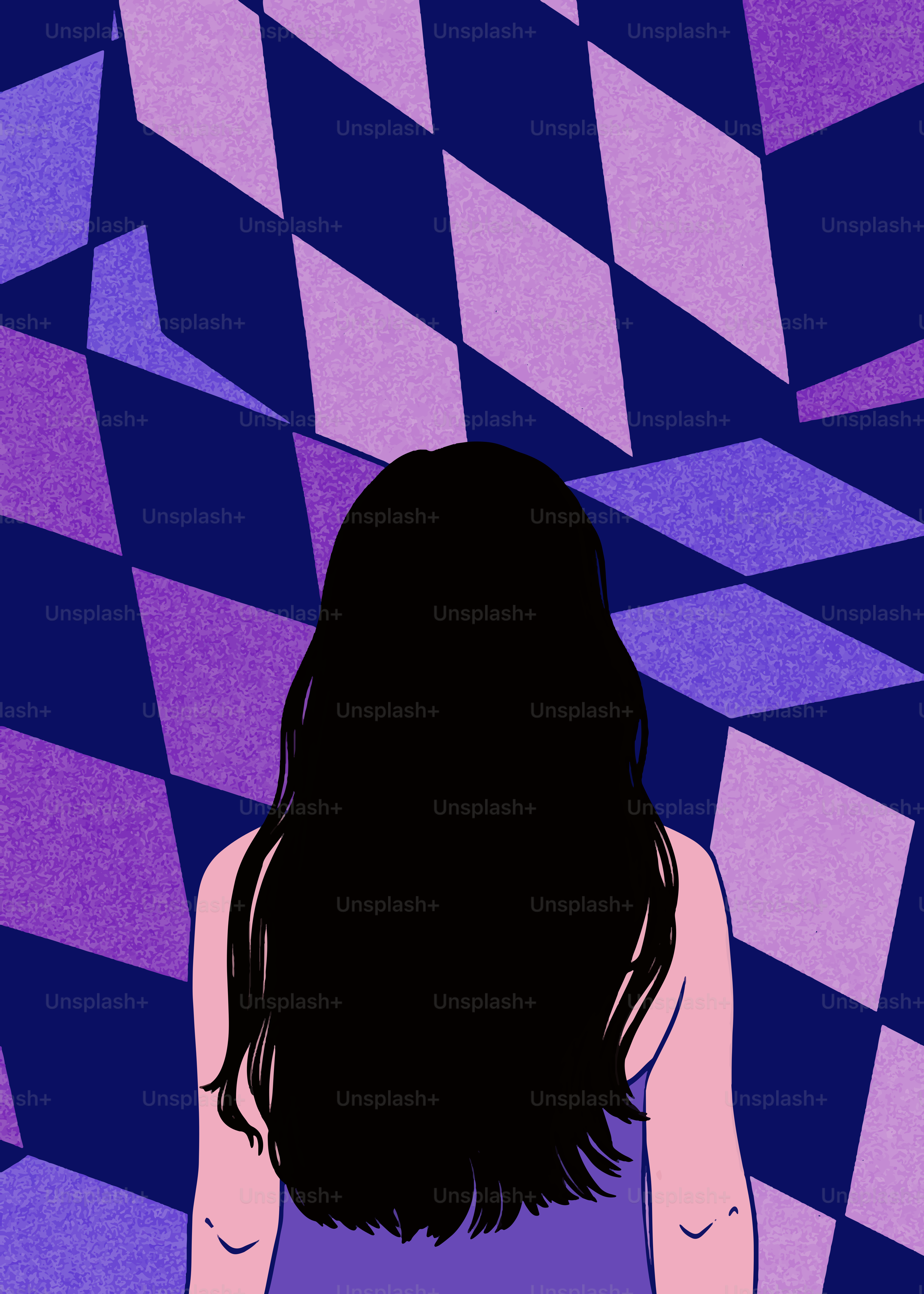 Woman gazes at a blue and purple diamond pattern.