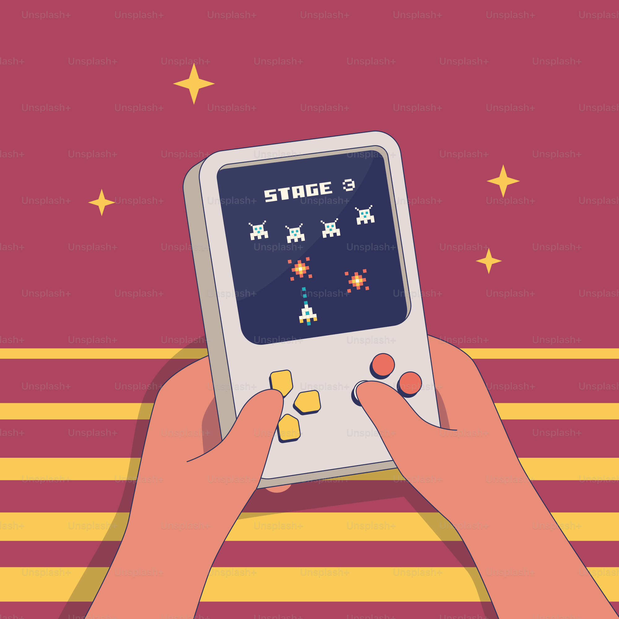 Hands are playing a retro handheld video game.