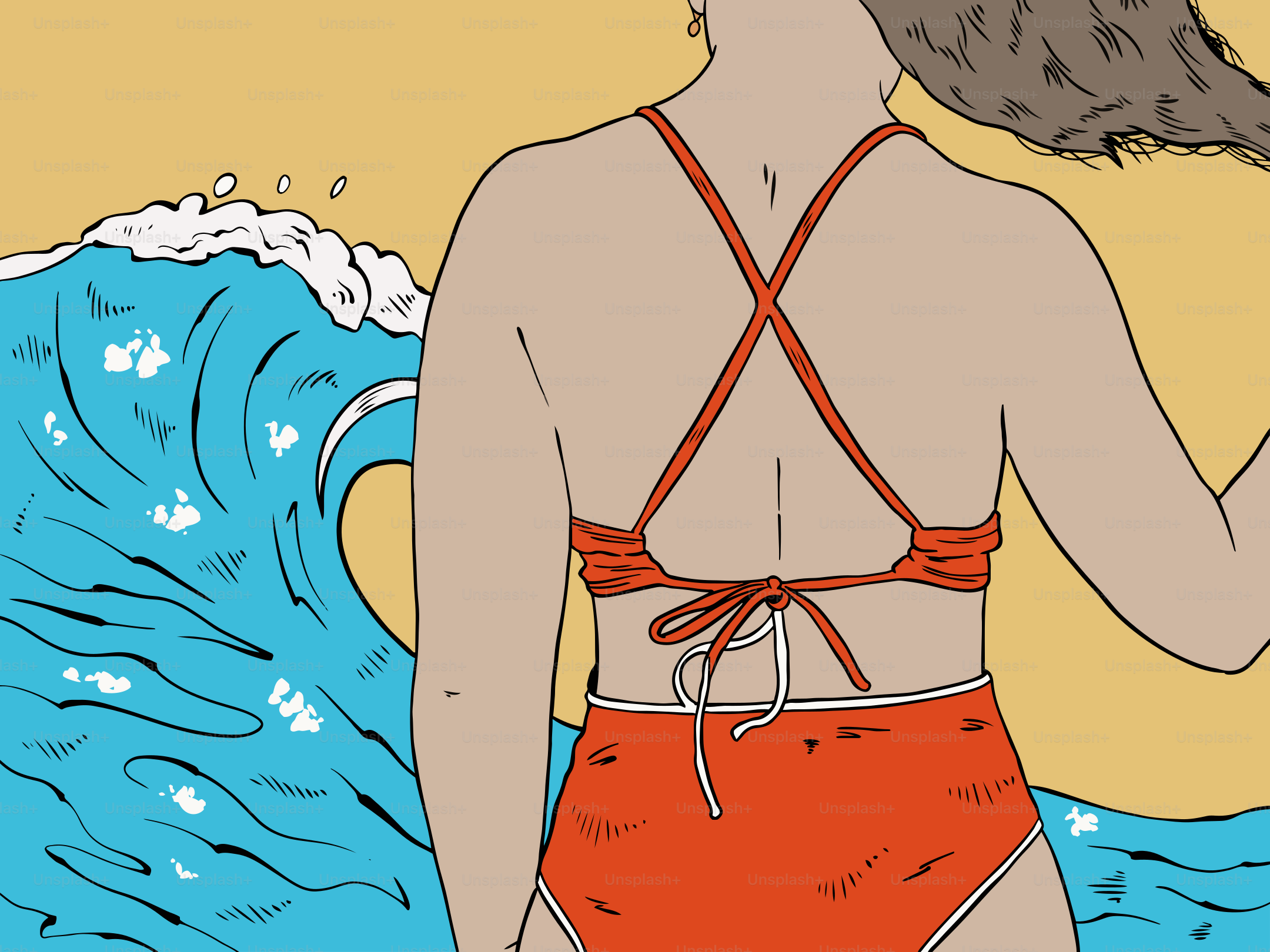 Woman in swimsuit looks toward a crashing wave.