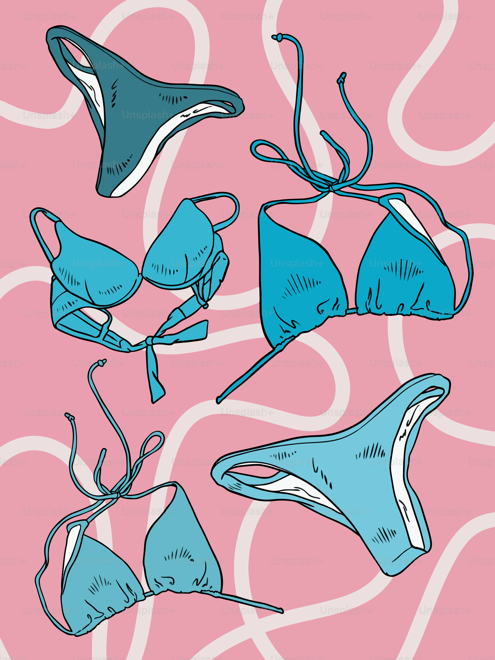 Blue bikinis are arranged on a pink background.