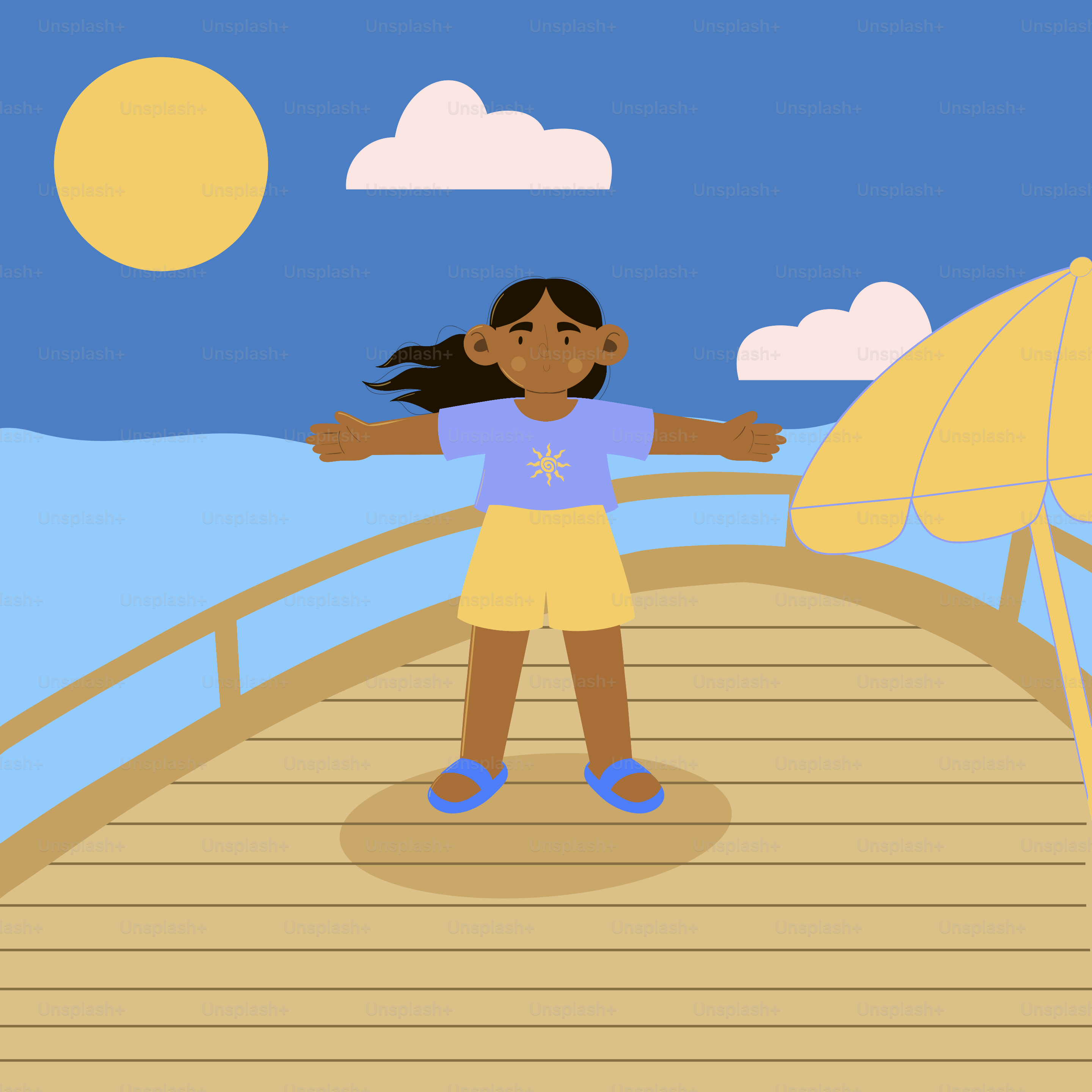 Girl with arms open on a pier near the sea.