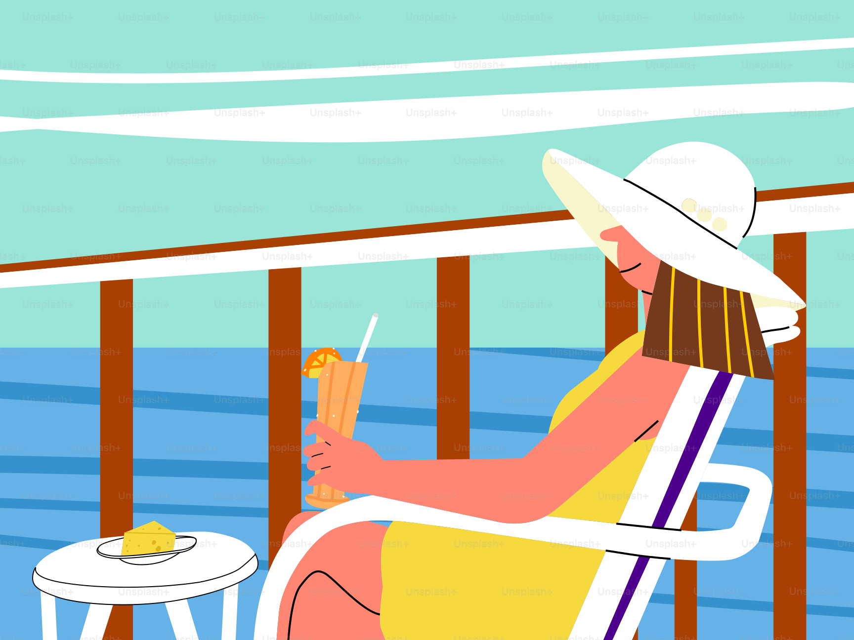Frau, die sich auf einem Kreuzfahrtschiff mit einem Drink entspannt.