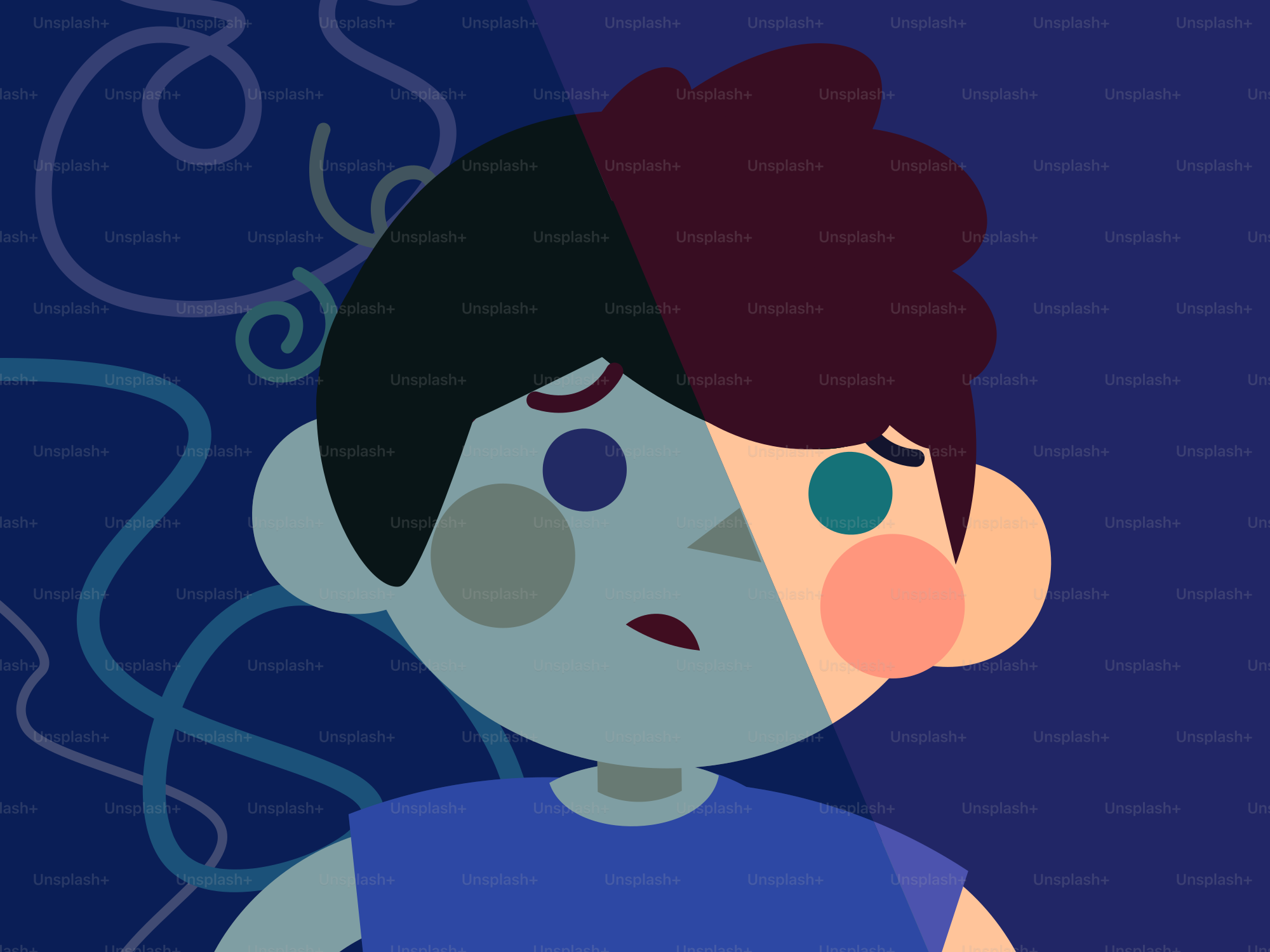 A sad boy with shadow and swirls.